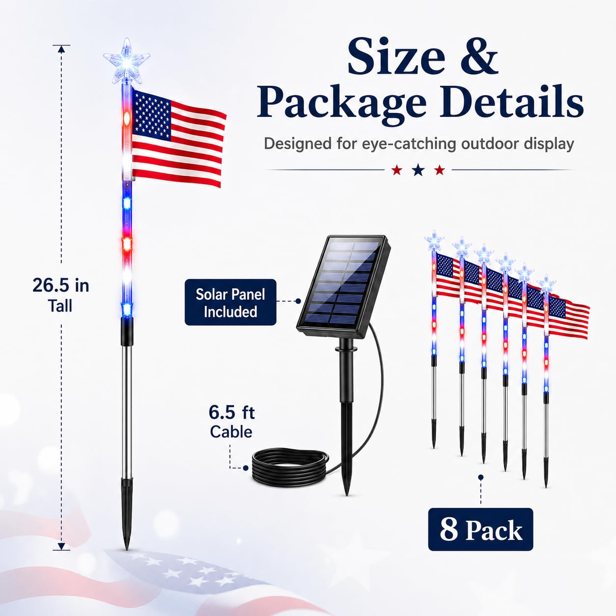 8 Pack Solar American Flag Pathway Lights, Patriotic Red White Blue Outdoor Stake Lights, Waterproof Solar LED Yard Garden Decorations for 4th of July, Independence Day