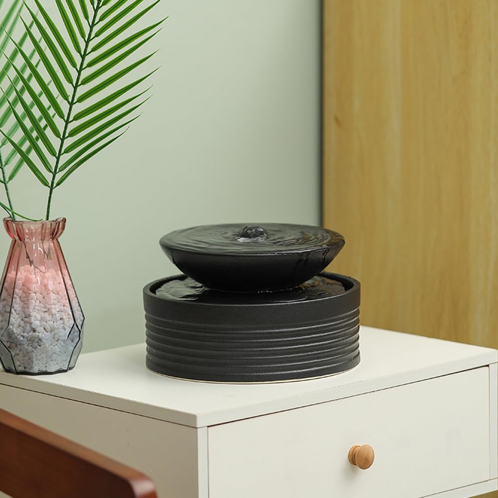Outdoor and Indoor Ceramic Tabletop Desktop Fountain Water Feature Home and Office Decoration (Black A193)