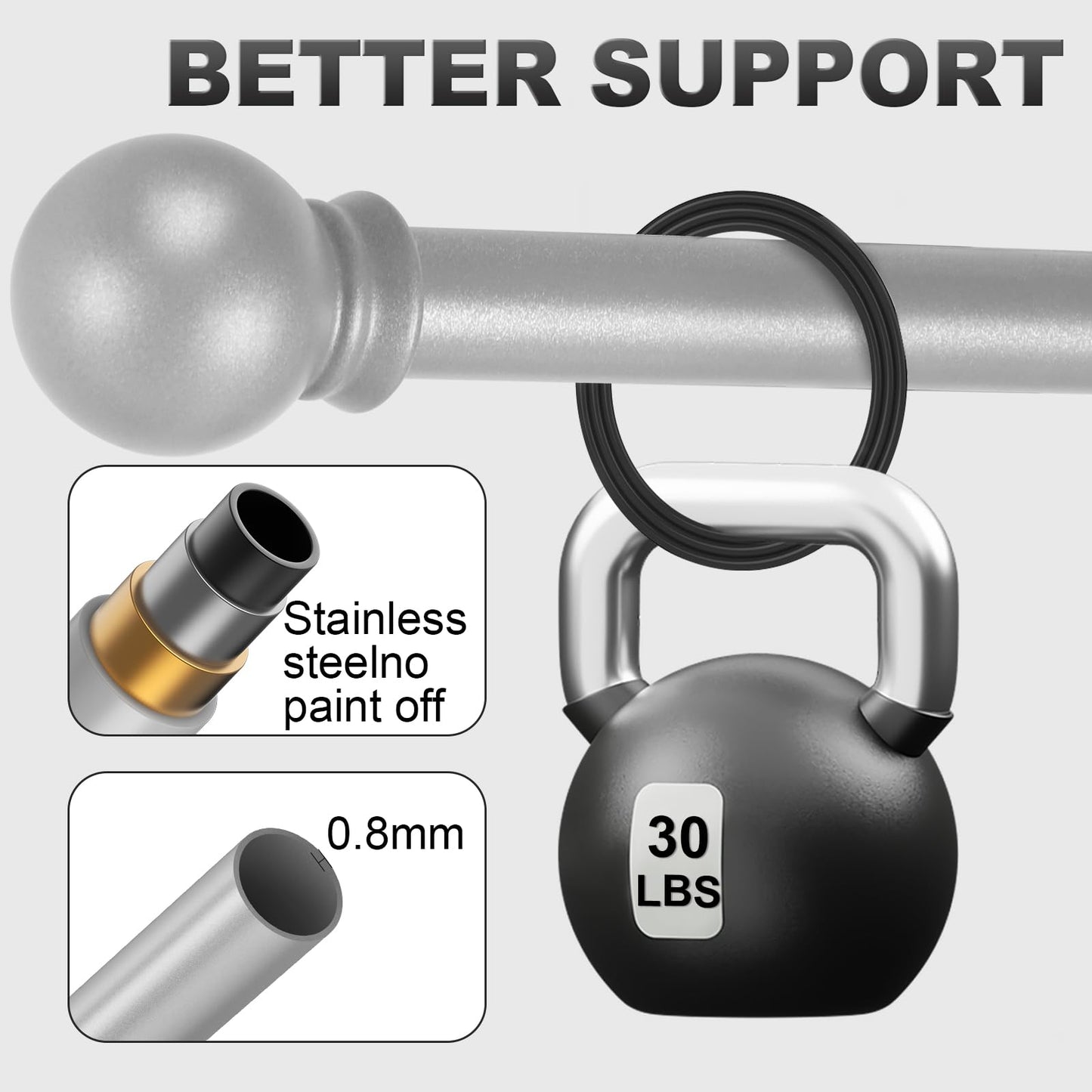 Authandis Silver Curtain Rods for Windows with Brackets,5/8 Inch Diameter Small Window Curtain Rod Adjustable 32 to 48 Inches,Easy Install Drapery Rods,Gray
