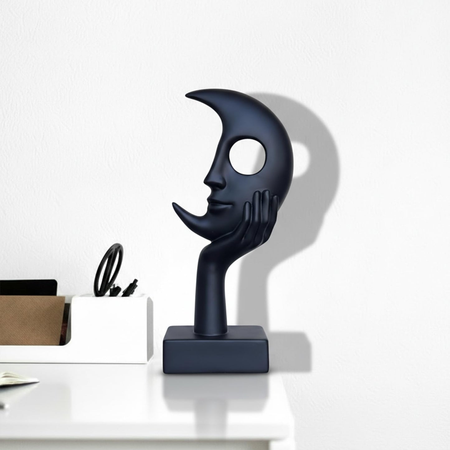Lodkksg Thinker Statue, Abstract Moon face Black Sculpture, Modern Home Decor Ornament, Suitable for Office, TV Cabinet, Desk, Study, Fireplace Mantel, Resin Statue (Black)
