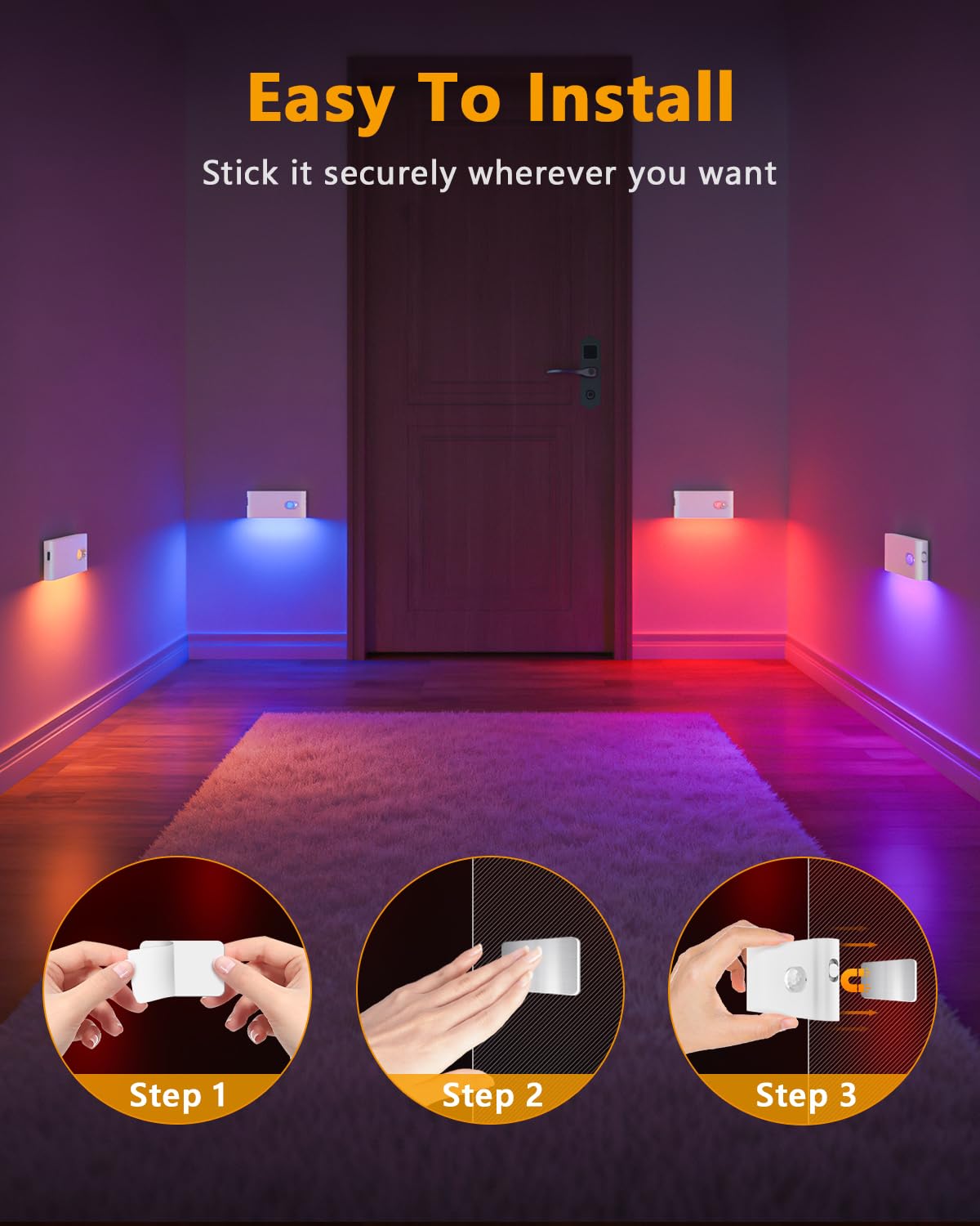 WILLED Stair Lights Indoor RGB & Warm White,Rechargeable Motion Sensor Night Light,Wireless Motion Sensor Lights Indoor for Stair,Bathroom,Hallway,Kitchen,Closet,Cabinet,Bedroom,Kids' Room