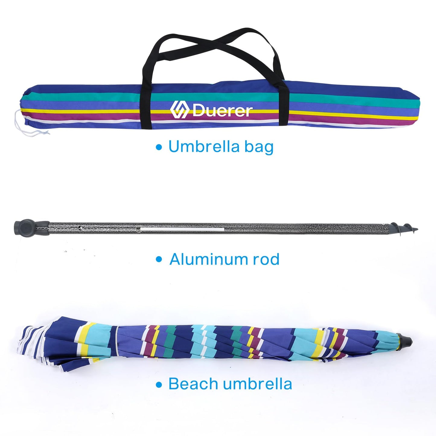 Duerer Beach Umbrellas, 8.5FT Beach Umbrella for Sand with Anchor Heavy Duty Windproof, Height Adjustable Tilt Iron Pole, Portable Beach Umbrella with Carrying Bag for Beach, Patio Garden Outdoor
