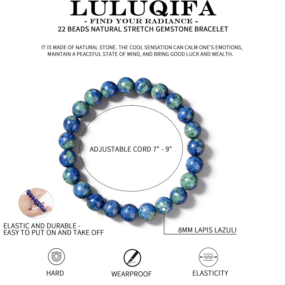 LULUQIFA Natural Stretch Gemstone Bracelet for Women Men,8mm Bead Crystal Semi-Precious Gem,Elastic Handmade Round Beaded Stone,Spiritual Energy Yoga Chakra Jewelry for Her Him Wife Mom Gifts (Lapis lazuli)