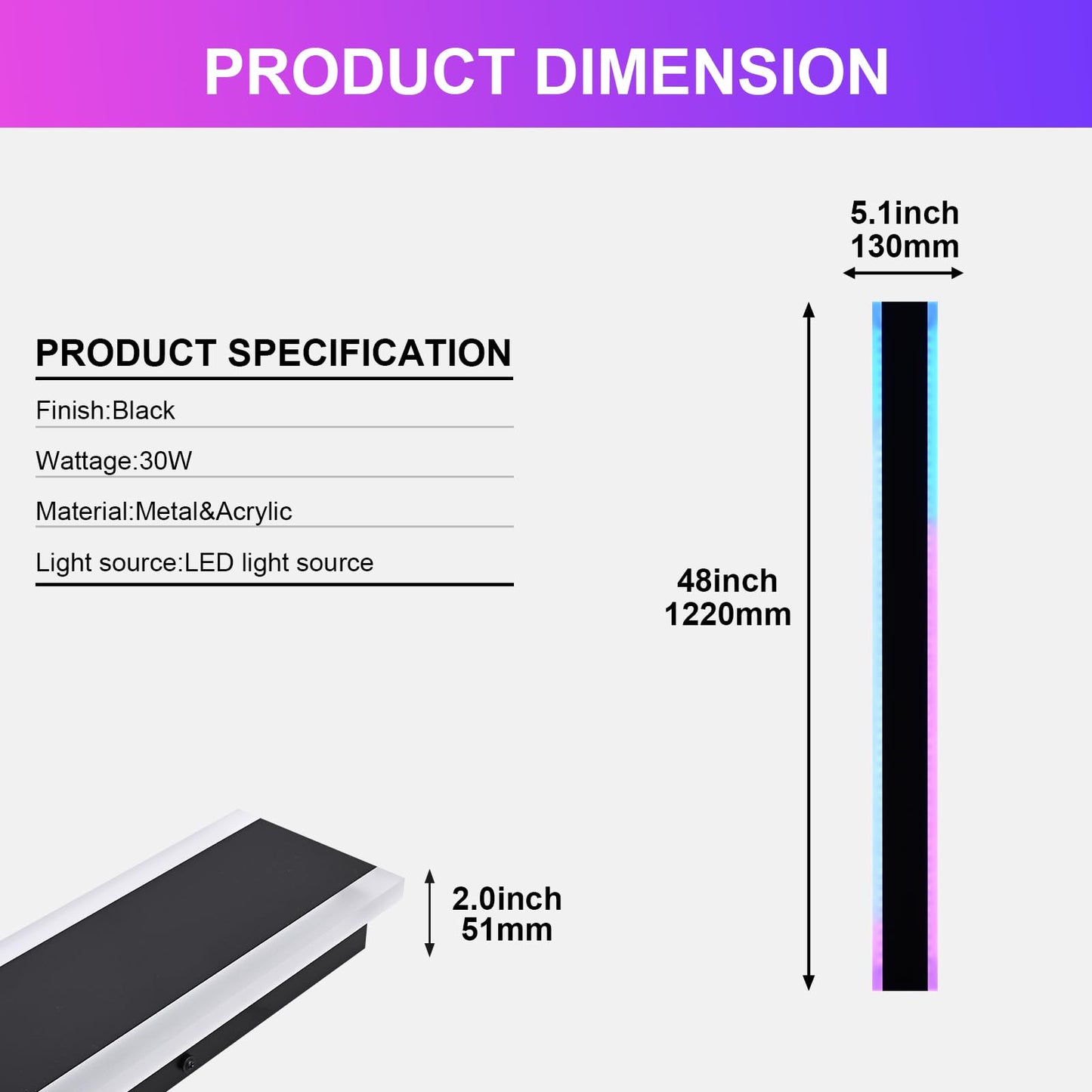 QueeuQ 2 Pack Modern RGB Outdoor Wall Lights for Patio,48 inch Long Outdoor LED Wall Lights,Dimmable LED Long Linear Exterior Lighting,Outside Linear Wall Light for Front Door,Garage,Enterway