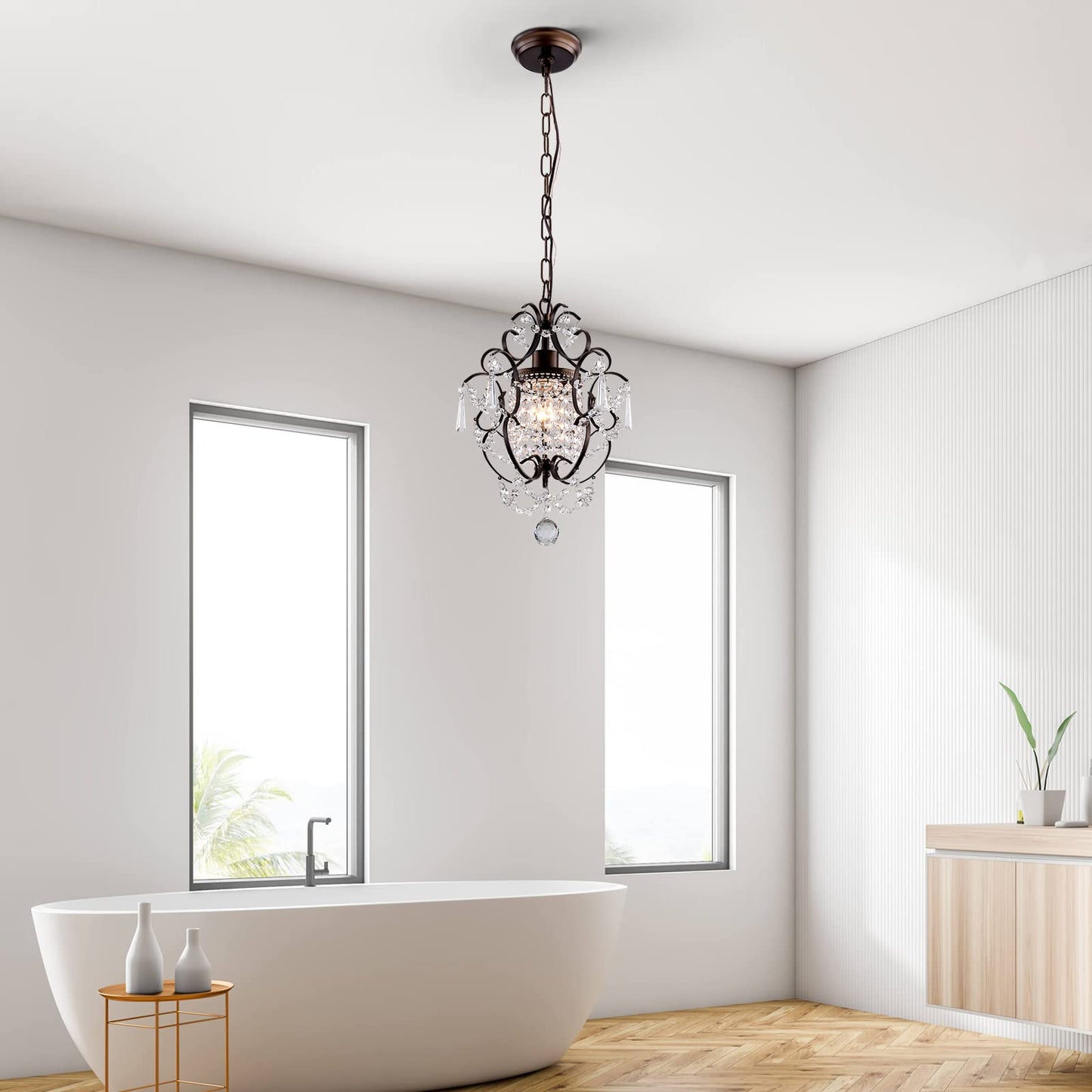 FLSFU Modern Mini Crystal Chandelier,Iron Bronze Crystal Light Fixtures Ceiling Mount 1 Light Small Chandeliers for Bedroom Elegant Hanging Lighting for Girls Room Dining Room Closet Kitchen Island
