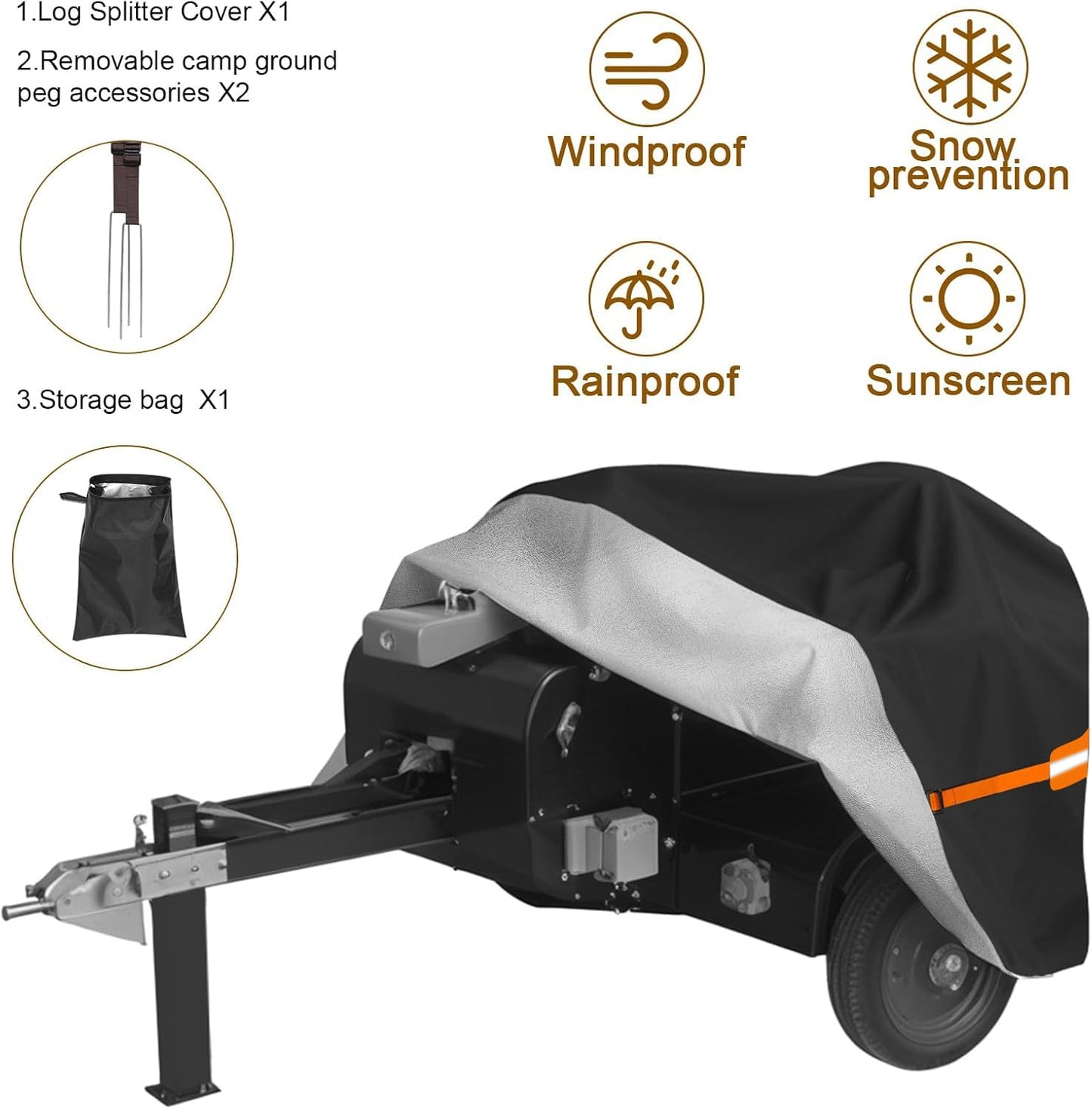 Goctoke 1200D Log Splitter Cover with Orange Reflective Strips, High Visibility Wood Splitter Protector for 15-60 Ton (94.5" x 49.6" x 41.7"), All Weather Tarp with Ground Stakes
