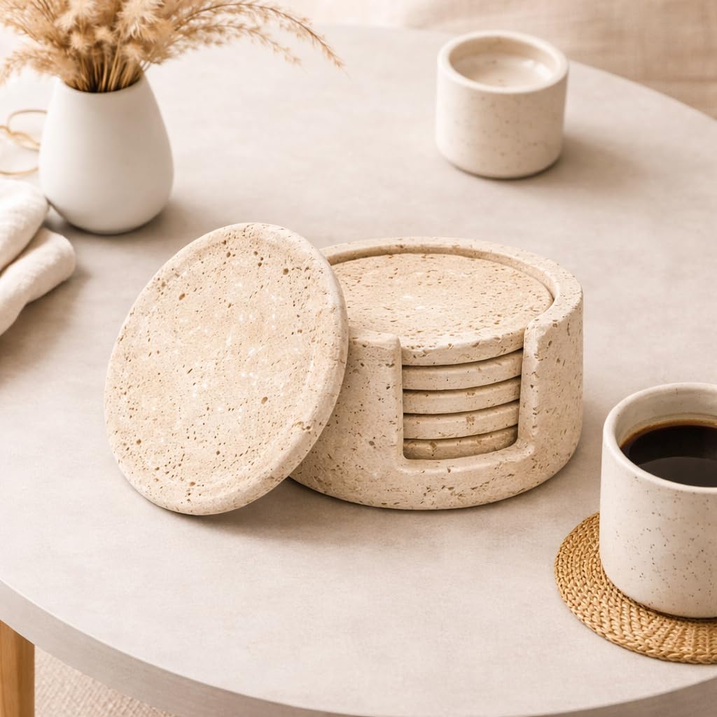 Travetine Round Marble Coasters Set of 6 with Holder, 3.5 Inch Drink Coasters for Tabletop and Coffee Table Decor