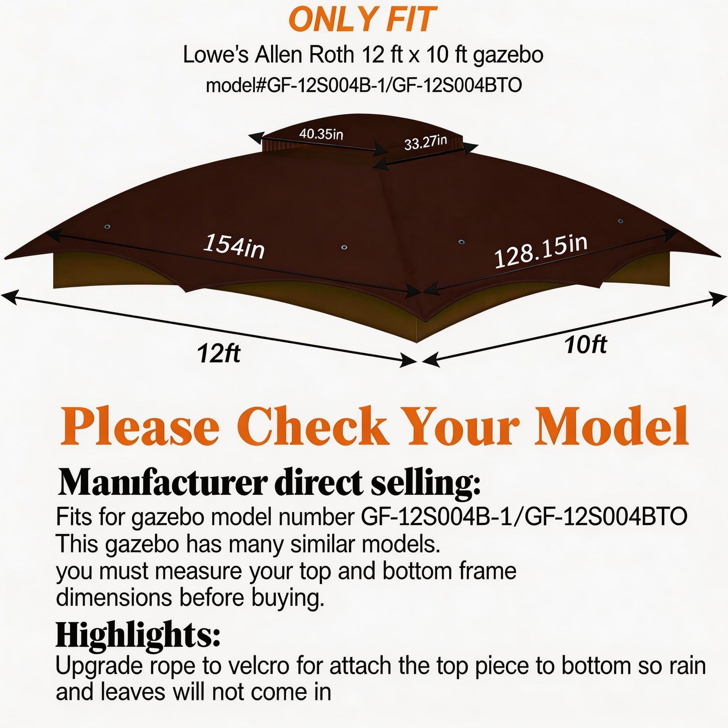 Replacement Canopy Top Cover, Double Tiered Waterproof Canopy Roof for Lowe's Allen Roth Gazebo #GF-12S004B-1 (Brown)