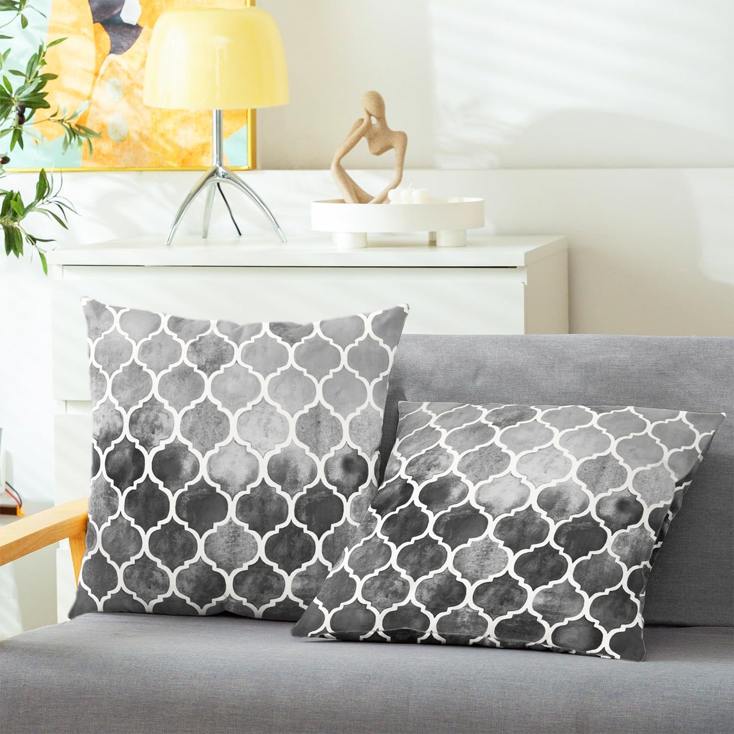 CaliTime Cushion Cover Pack of 2 Cosy Cushion Covers for Couch Bed Sofa Hand Painted Colourful Geometric Grid Chain Print 45 cm x 45 cm Main Grey Carbon
