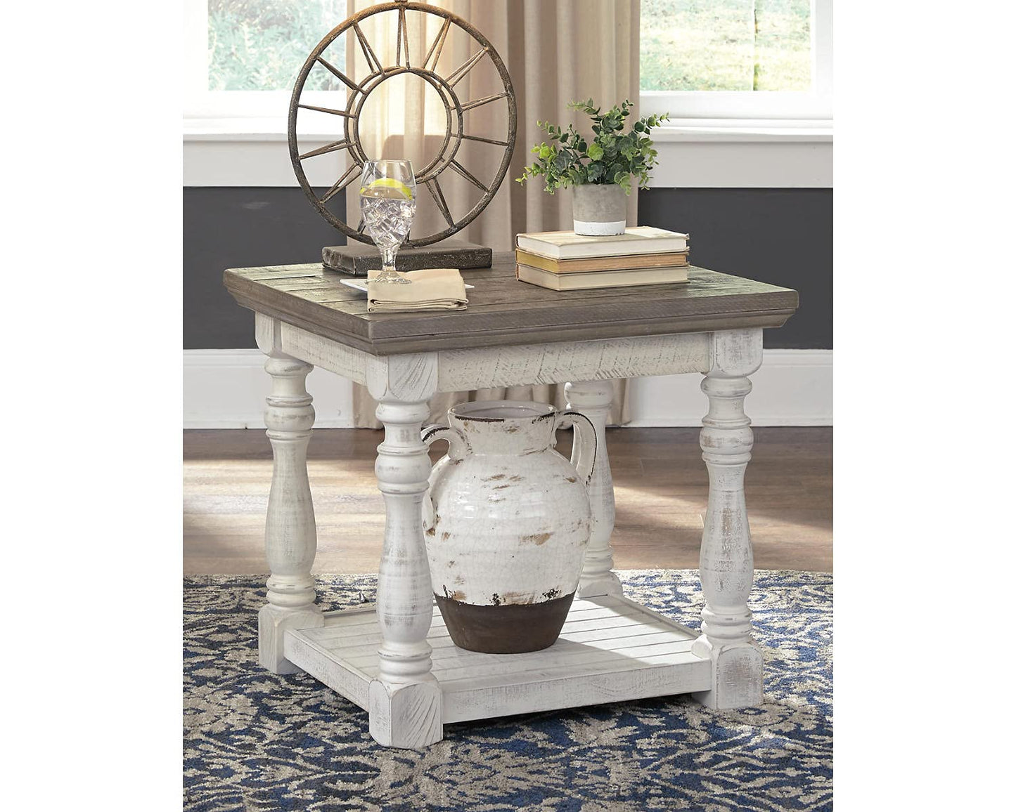 Signature Design by Ashley Havalance Farmhouse Rectangular End Table, Floor Shelf, Wood, 26" W x 24.13" D x 24" H, Vintage Gray & White with Weathered Finish