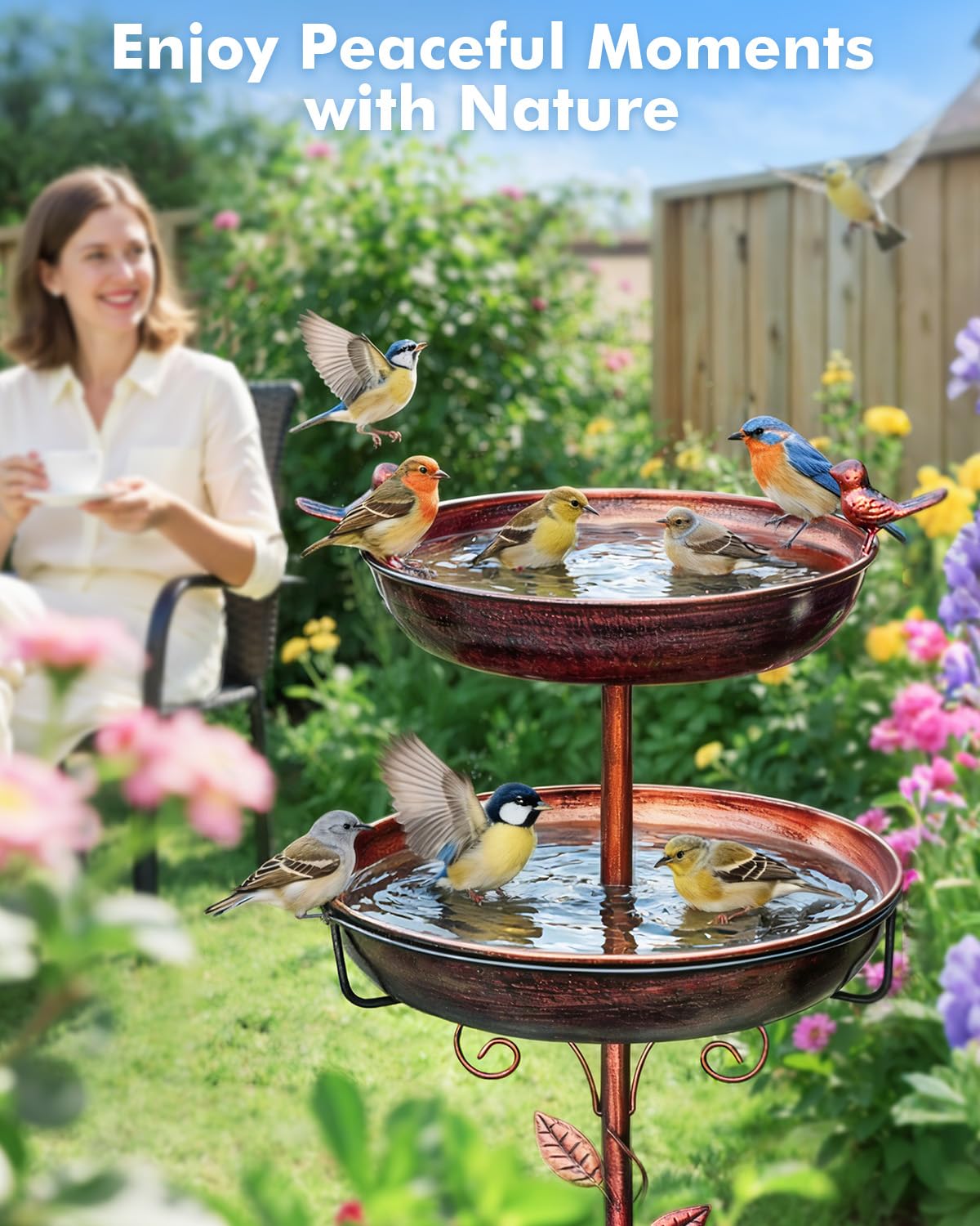 TLEYTOA Metal Bird Bath for Outside - Outdoor Garden Decor Birdbath 2-Tier Water Bowl with Copper Finish Stake Adjustable Height 45'' Tall for Yard