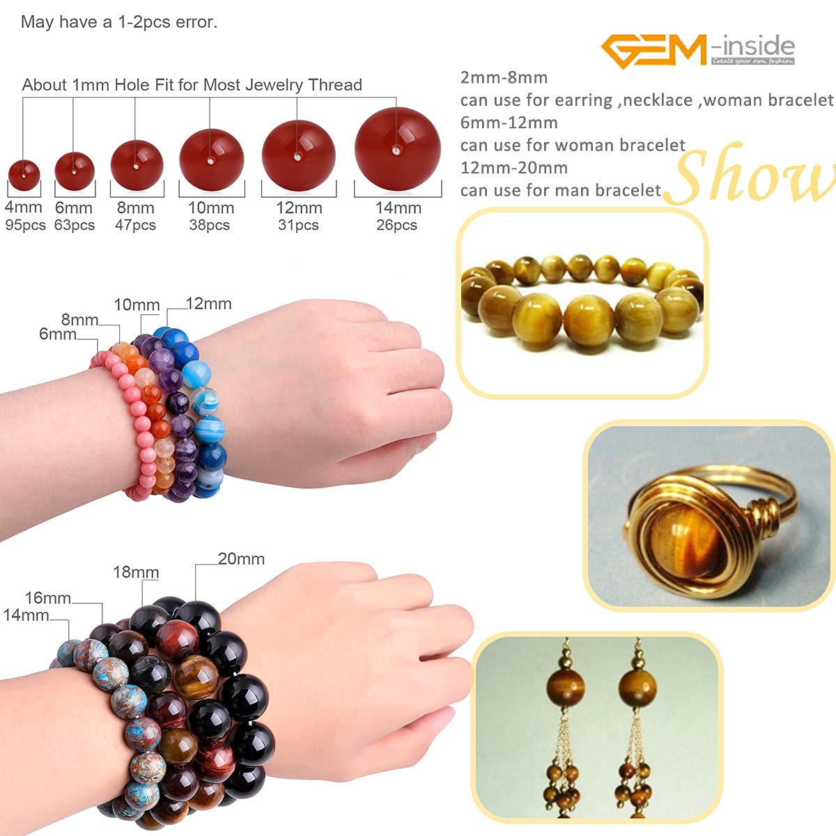 GEM-Inside 8mm Gold Blue Tiger Eye Gemstone Loose Beads Dyed Color Round Crystal Energy Stone Power for Jewelry Making 15"