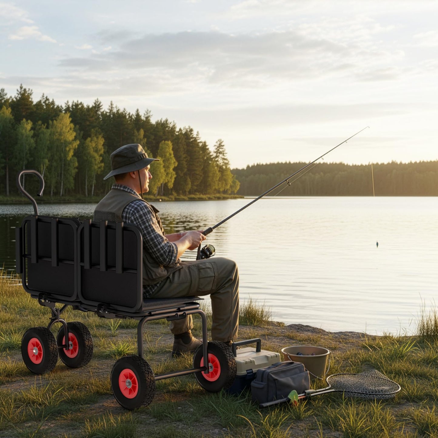3 in 1 Beach Fishing Cart, Heavy Duty Garden Carts w/All Terrain Inflatable Tires, Folding Wagon Cart, Convert to Chair or Bench with Cushion, Rod Holders and Durable Oxford Bag