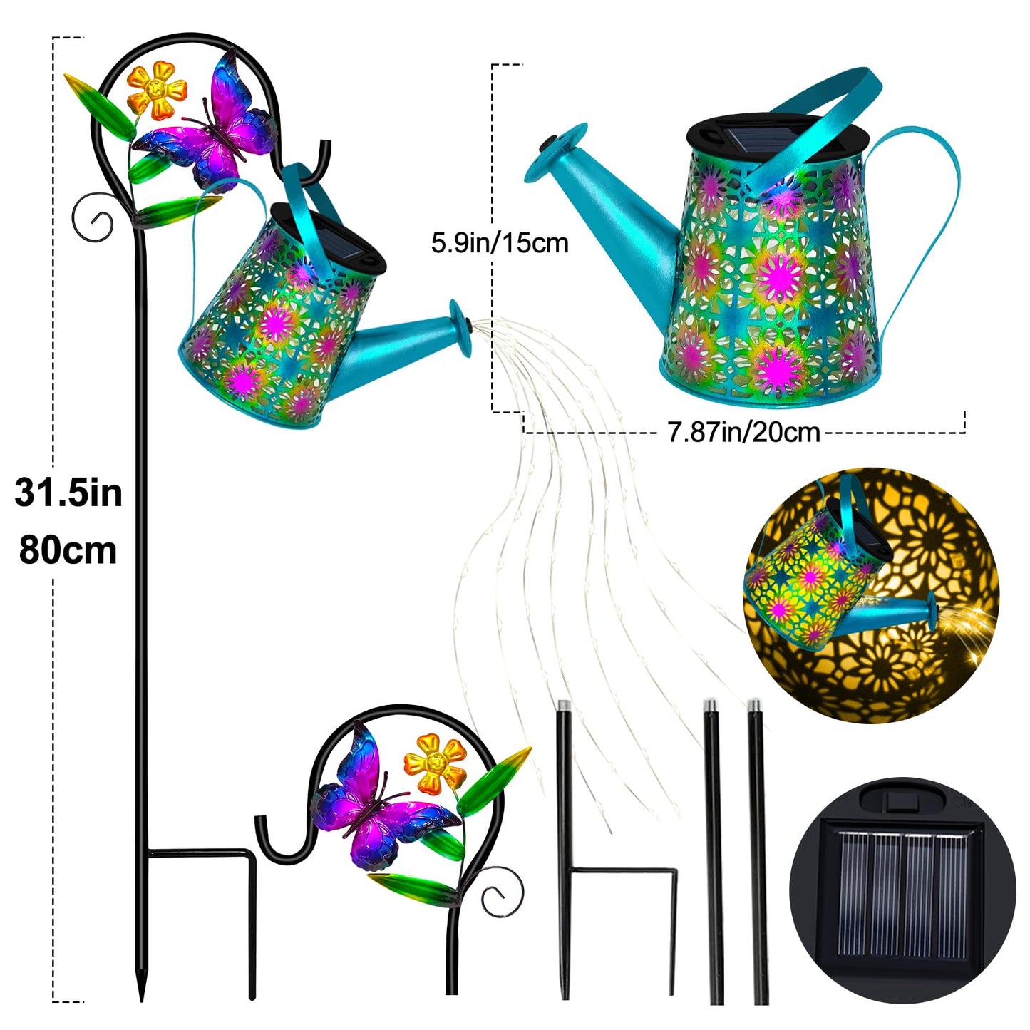 Solar Watering Can with Lights, Waterproof Solar Lantern with Butterfly Shepherd Hook, Hanging Garden Lights for Patio Yard Lawn Porch Outdoor Decoration, Unique Garden Gifts for Women Mom Birthday