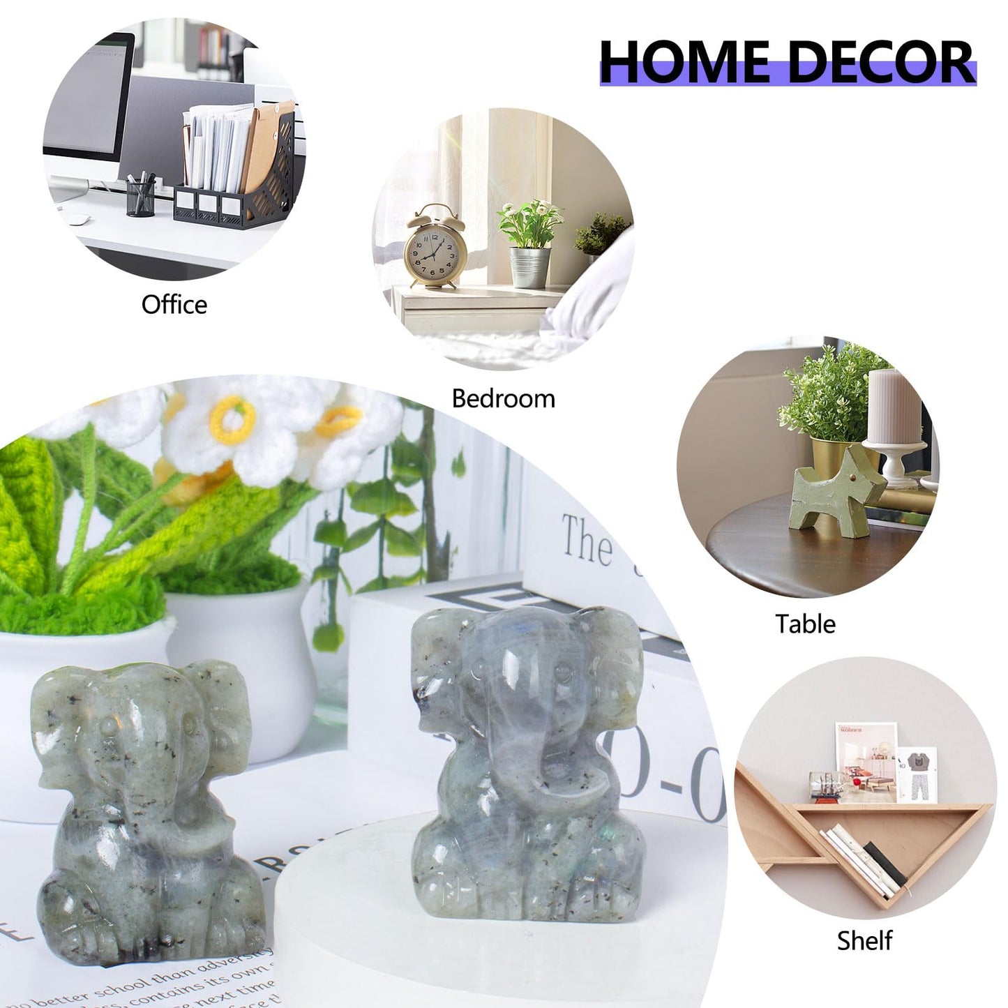 Ytbeoxk 2 Inch Crystal Elephant Decor Statues, Labradorite Cute Sitting Elephant Figurines, Reiki Healing Crystal Carved Animal Statues, Home Office Desk Hand Carved Decor Gifts for Women