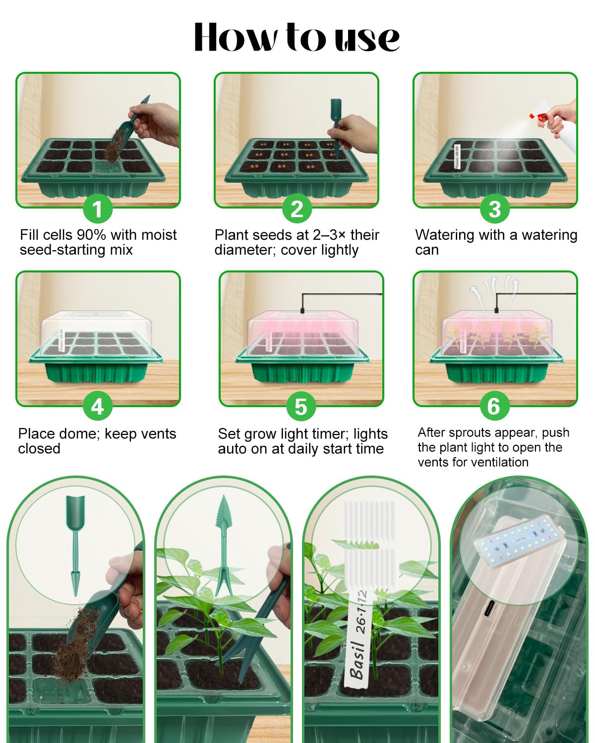 Seed Starter Tray with Grow Light (2x 24-LED), 2 Pack Seed Starter Kit with Humidity Domes and Timing Controller, Adjustable Brightness, Reusable Seedling Starter Tray, Thicken Seed Starting Trays