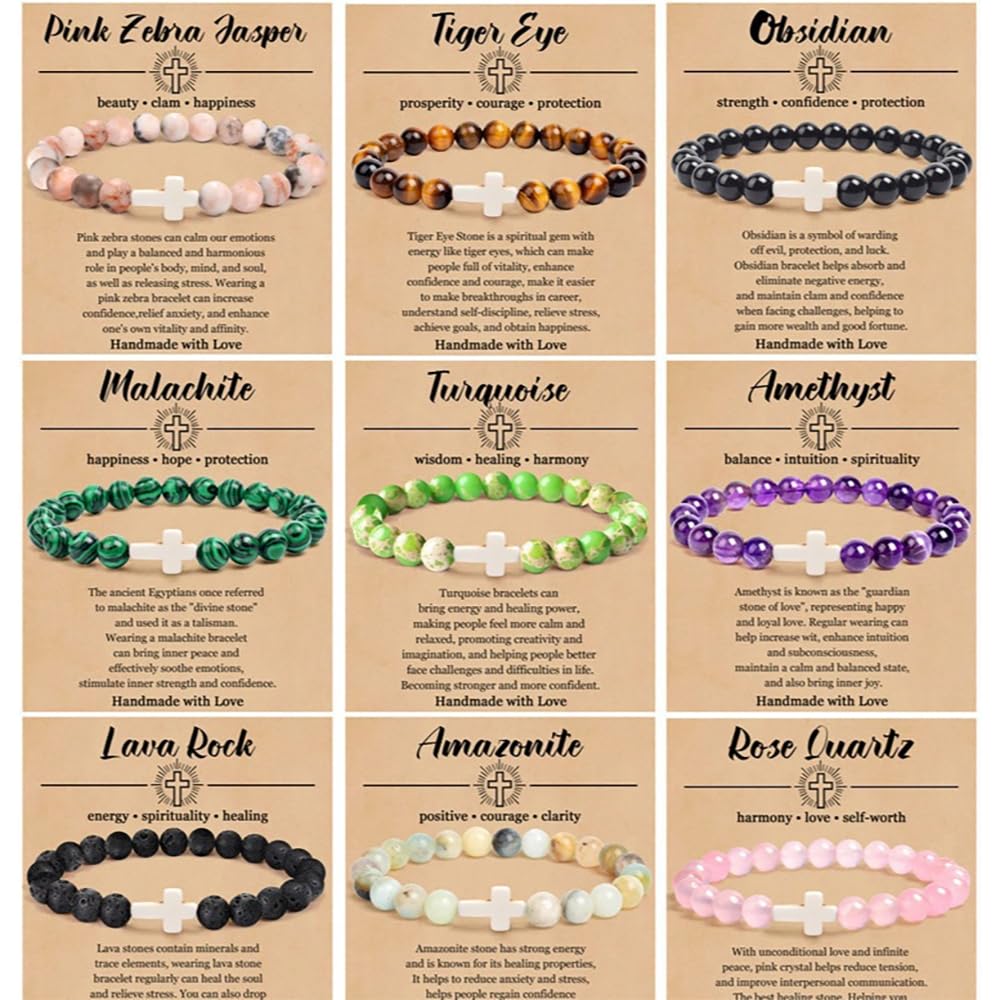 SHINUS BOHO Dainty Christian Cross Green Turquoise Gemstone Beaded Religious Cross Crystal Chakra Bracelets for Women Men Natural Worry Stone Healing Stretch Best Friends Jewelry Gift