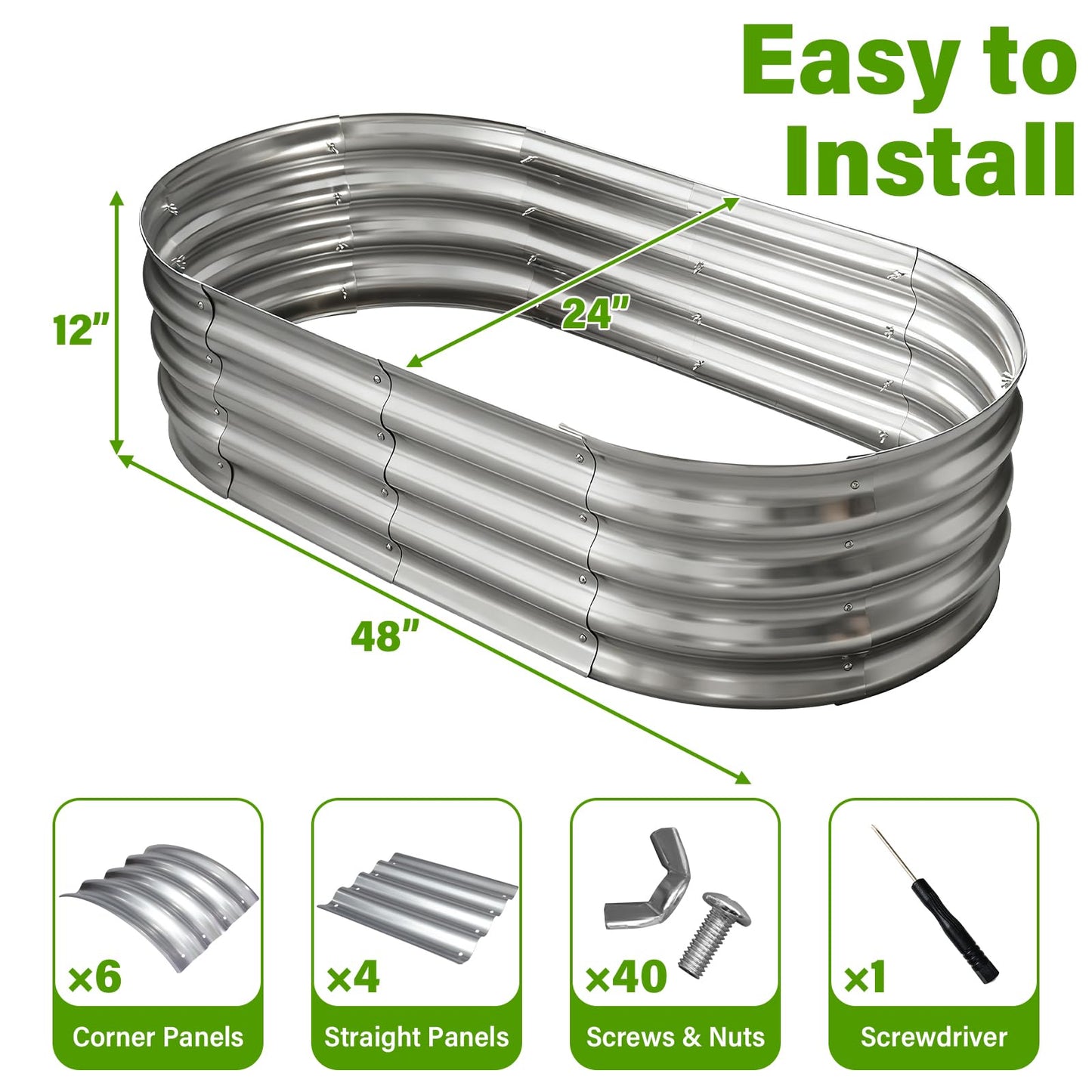 Eclaron Galvanized Raised Garden Bed for Outdoor: 4x2x1ft Durable Metal Vegetable Plant Container Kit - Oval Planter Box for Gardening Flower Trough