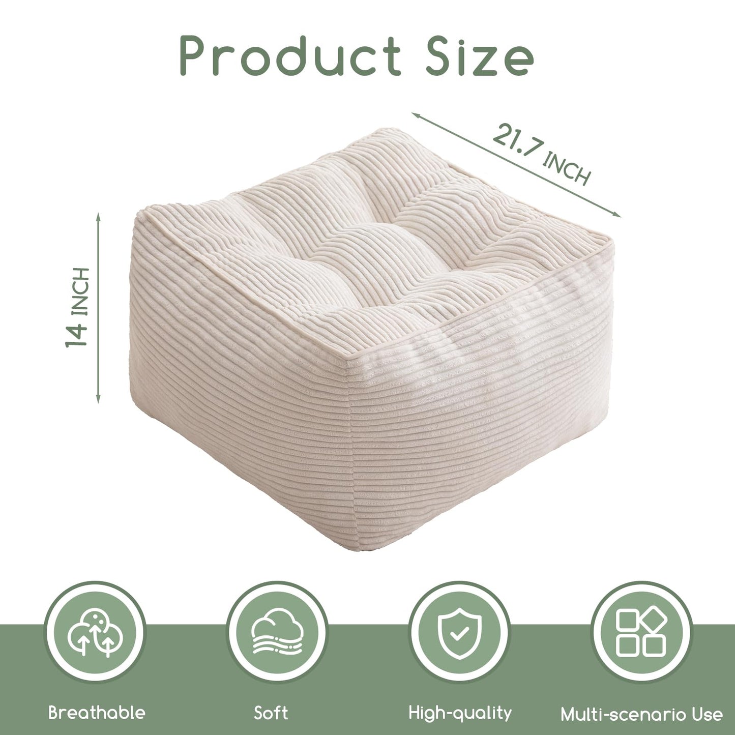 HIGOGOGO Square Stuffed Pouf Ottoman, Corduroy Poufs with Foam Chunk Filling, Furry and Fluffy Pouf Foot Stool Storage Ottoman, 21 X 21 Floor Poufs Foot Rest for Living Room, Beige