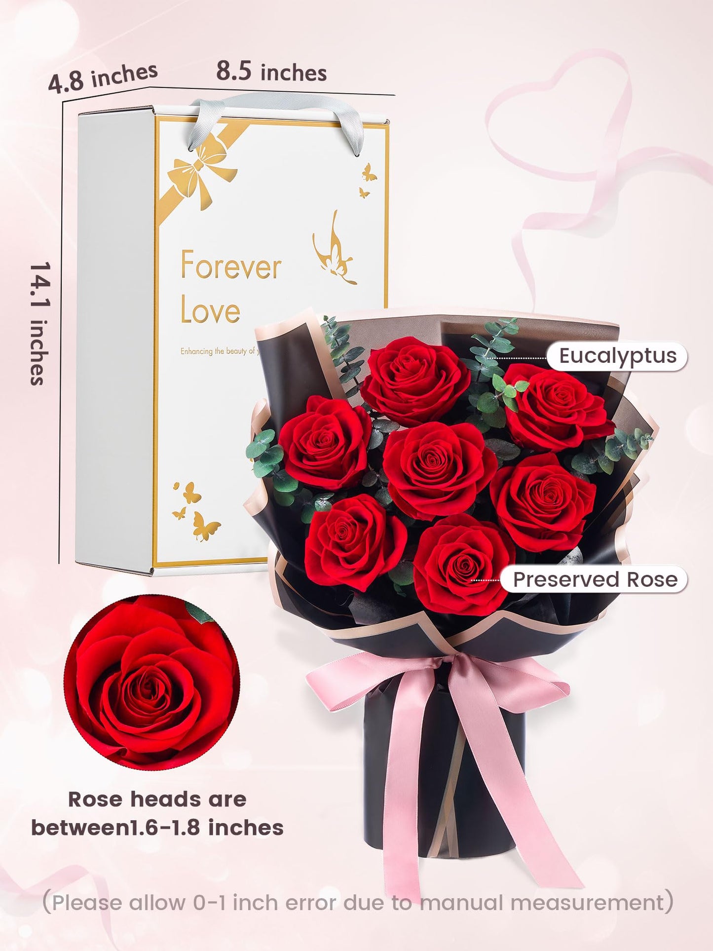 Mosstory Flower Bouquet Flowers for Delivery Prime 7-Piece Preserved Roses Bouquet Gift for Women Mother Wife Mother Day Wedding Anniversary Birthday (Red Roses)
