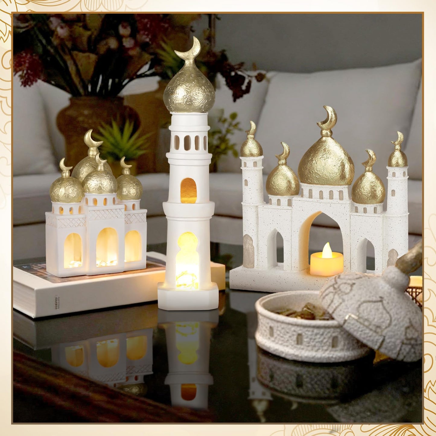 Bucherry 3 Pcs Eid Mubarak Decorations Gold and White Decorative Mosque Tower Ornaments for Home Display Islamic Gift Eid Mubarak Ramadan Table Decor for Muslim Party