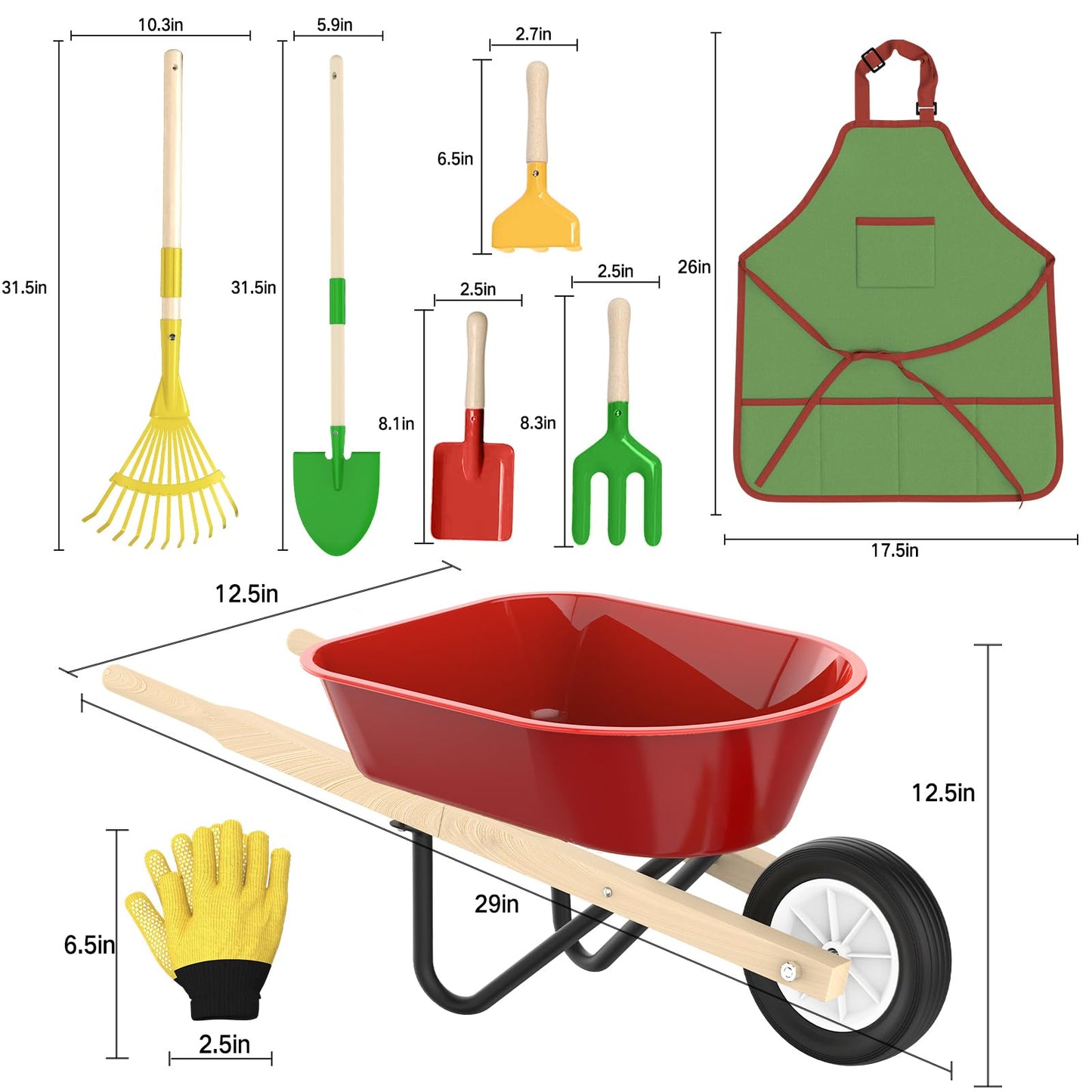 Qtioucp Kids Gardening Wheelbarrow Set, Metal & Wooden Garden Tools for Kids Ages 3-8, Real Wheelbarrows with Apron, Gloves & STEM Guide, Outdoor Backyard Garden Toy Gift (Wheelbarrow Garden Set)