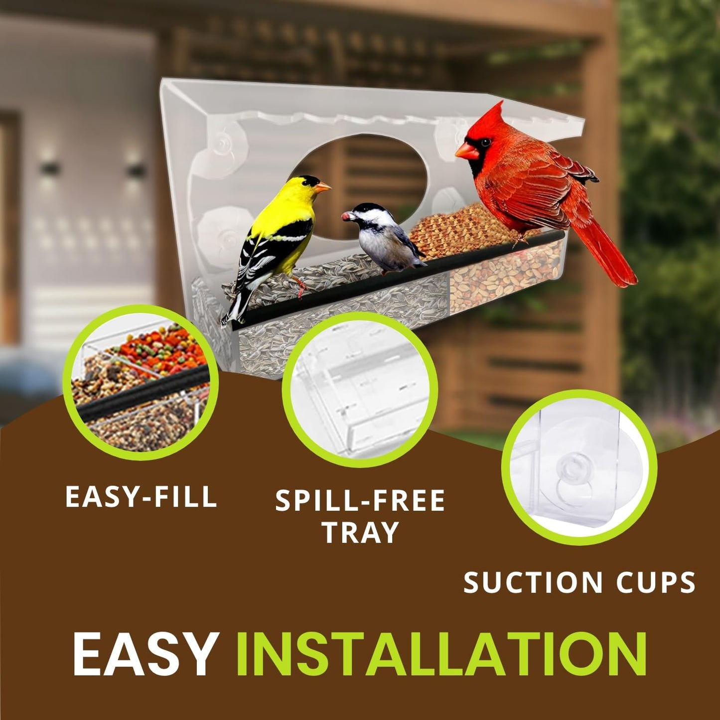 Nature Gear Acrylic Clear Window Bird Feeder with Strong Suction Cups, Removable Sliding Seed Tray, Weather-Resistant & Easy to Clean for Window Viewing, Extended