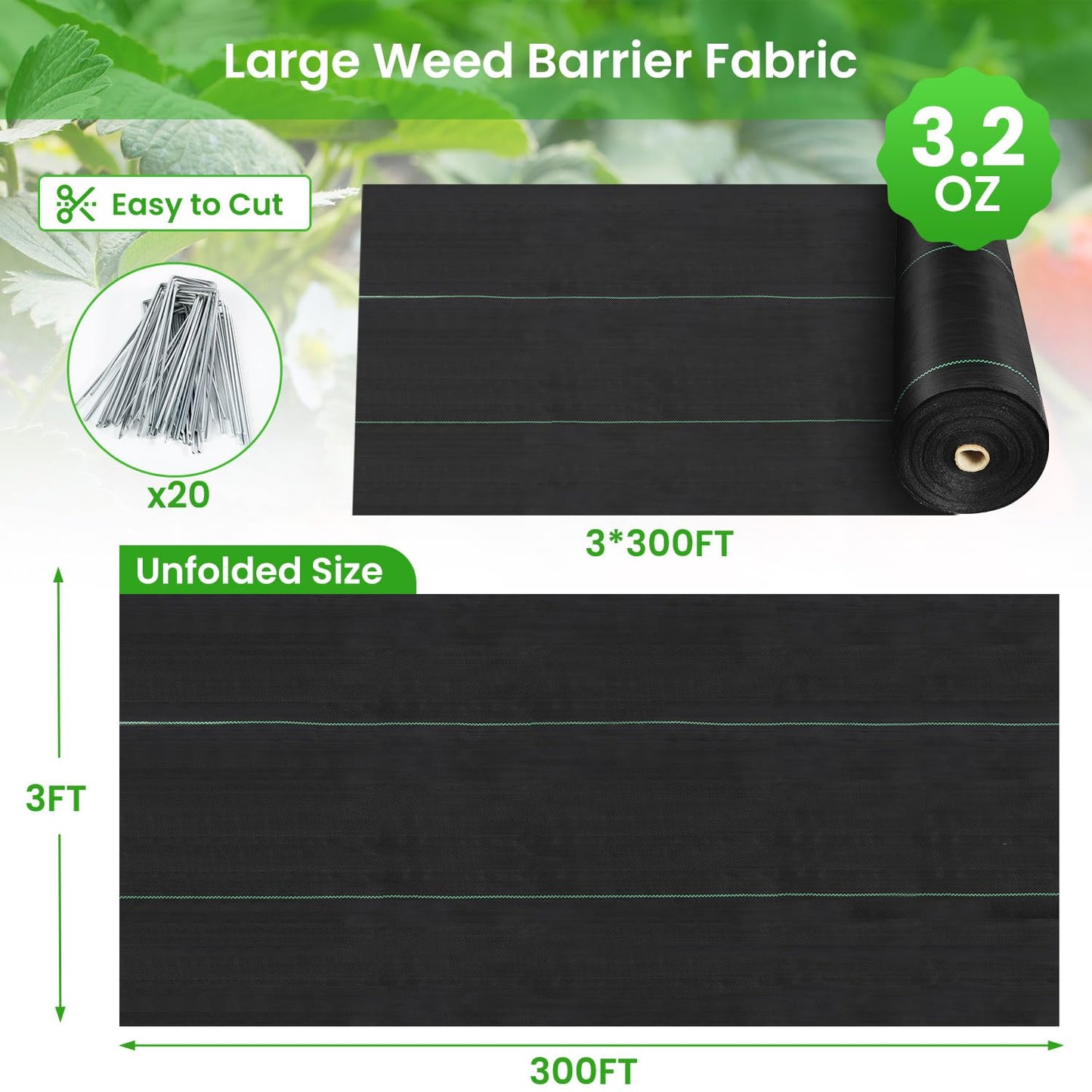Weed Barrier Fabric, 3x300ft Landscape Fabric, 3.2oz Heavy Duty Durable Woven Geotextile Fabric, High Permeability Ground Cover Mat, Driveway Fabric, Garden Weed Control Cloth with 20 U-Securing Pegs