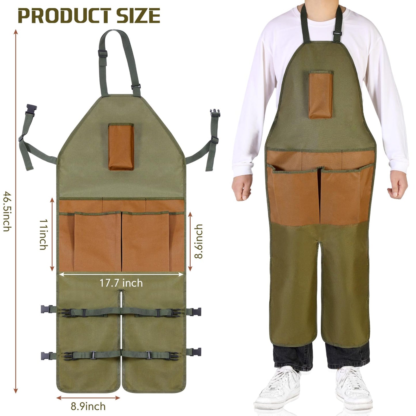 Shyyween Gardening Apron Adjustable Legs Waterproof Apron with 6 Release Pockets Army Green Adjustable Buckle for Gardening Woodworking Pottery BBQ Cafe Kitchen Painting Carpenter Work