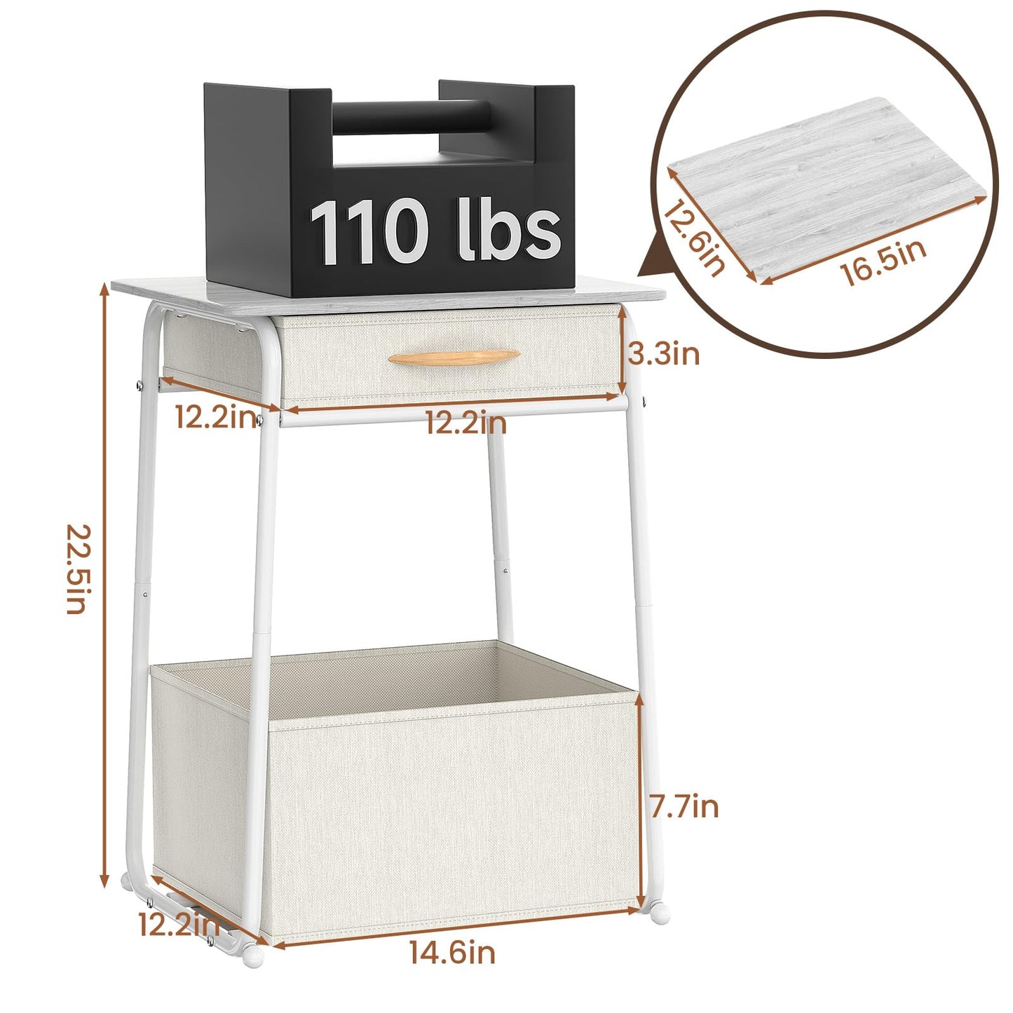 Olldide 3-Tier Bedside Table with Storage, Modern Square Nightstand with Fabric Storage Basket & Drawers, Multifunctional Side Table for Living Room, Bedroom (White)