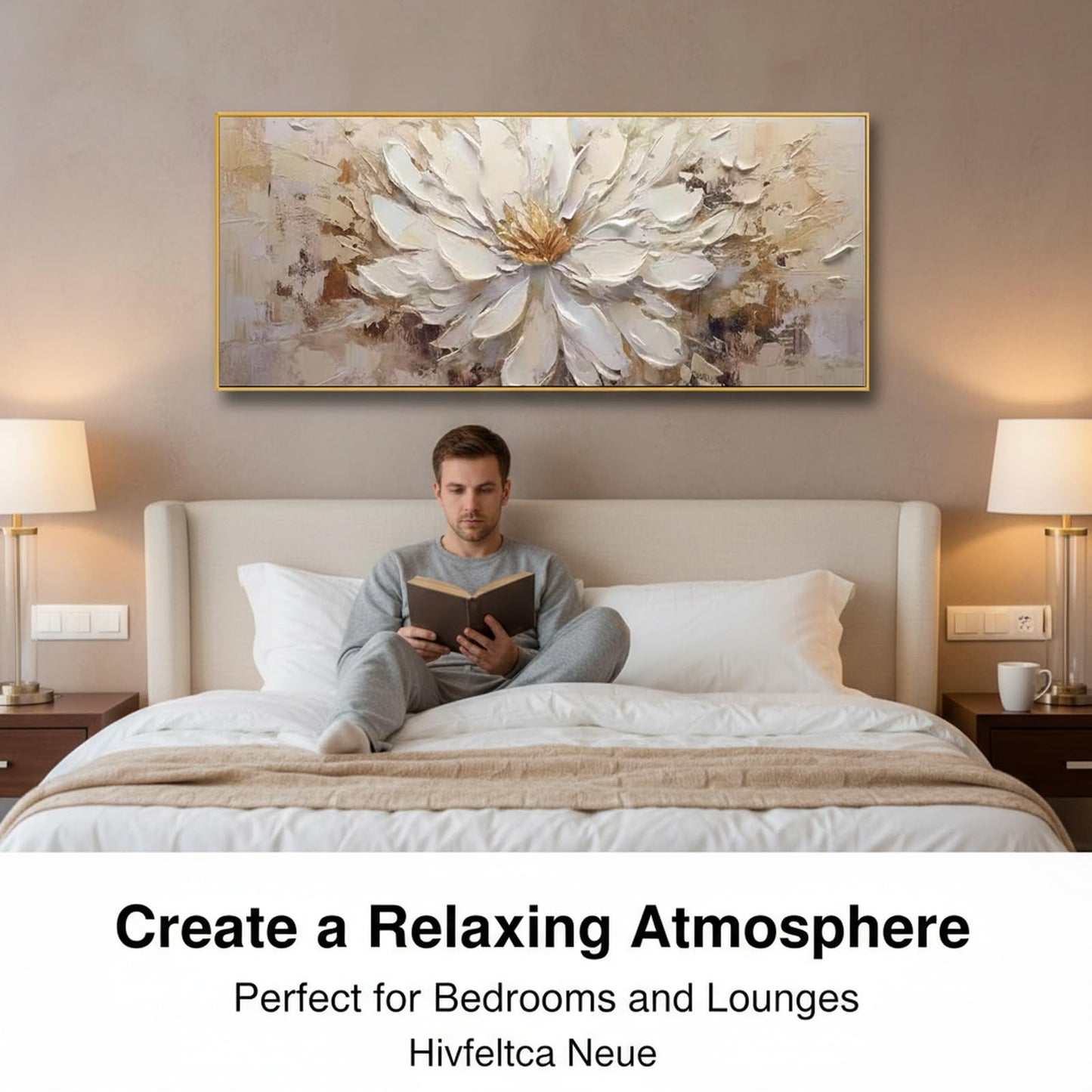 Hand-Painted Flower Canvas Oil Painting for Living Room, Large White Floral Canvas Wall Art for Bedroom,Gold Framed 3D Textured Painting for Office Kitchen Home Decoration 24x56 inches