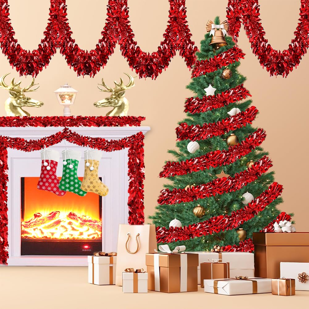 33Ft Christmas Tinsel Garland Shiny Thick Red Tinsel Decor Xmas Tree Decorations Metallic Twist Foil Garland for Birthday Thanksgiving Day New Year Parties Indoor Outdoor Party Supplies - Red