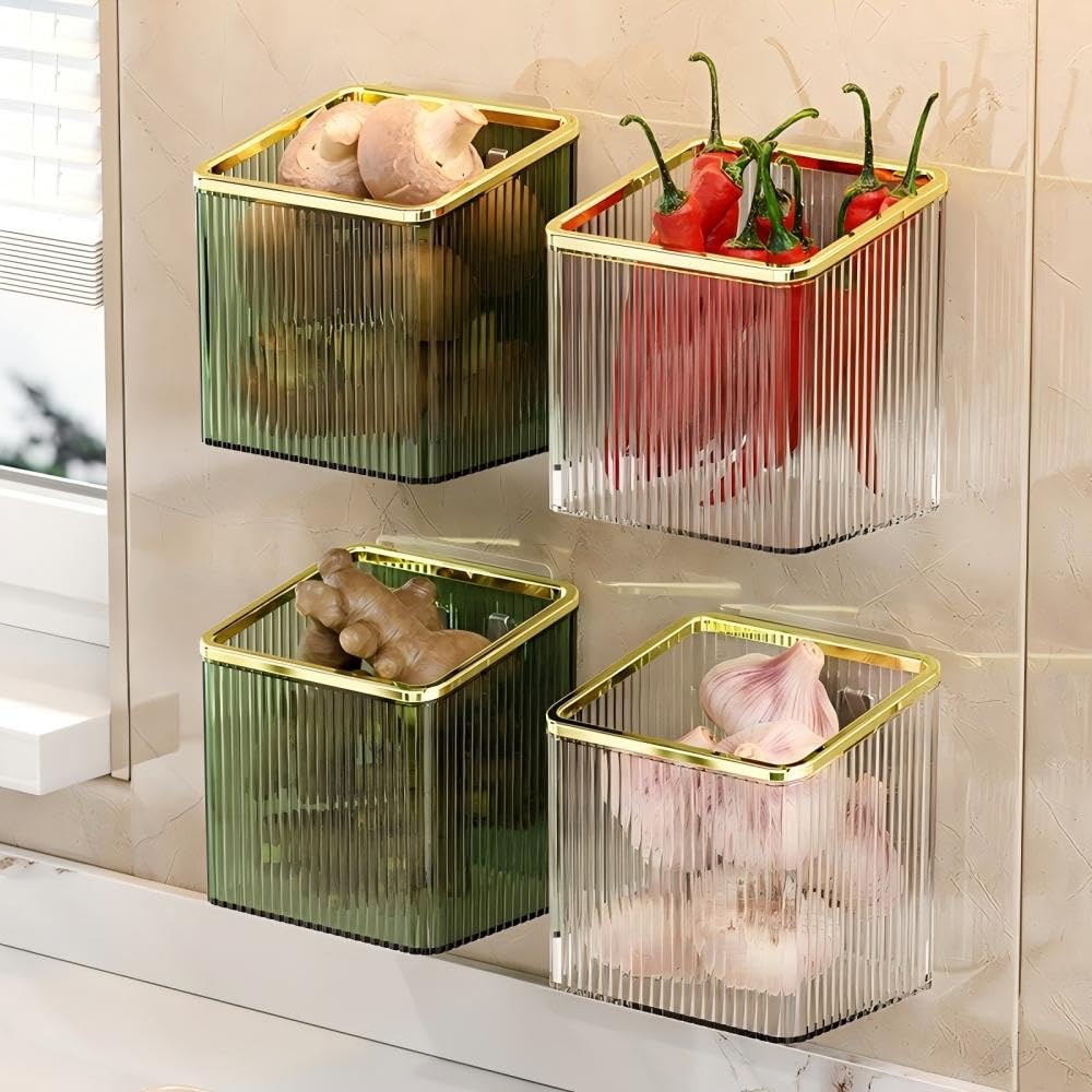 Lumista Adhesive Wall Shelves No Drill Hanging Organizer - Plastic Floating Storage Bins for Kitchen,Bathroom,Office - Makeup and Home Goods Mountable Shelf (Green and Gold)