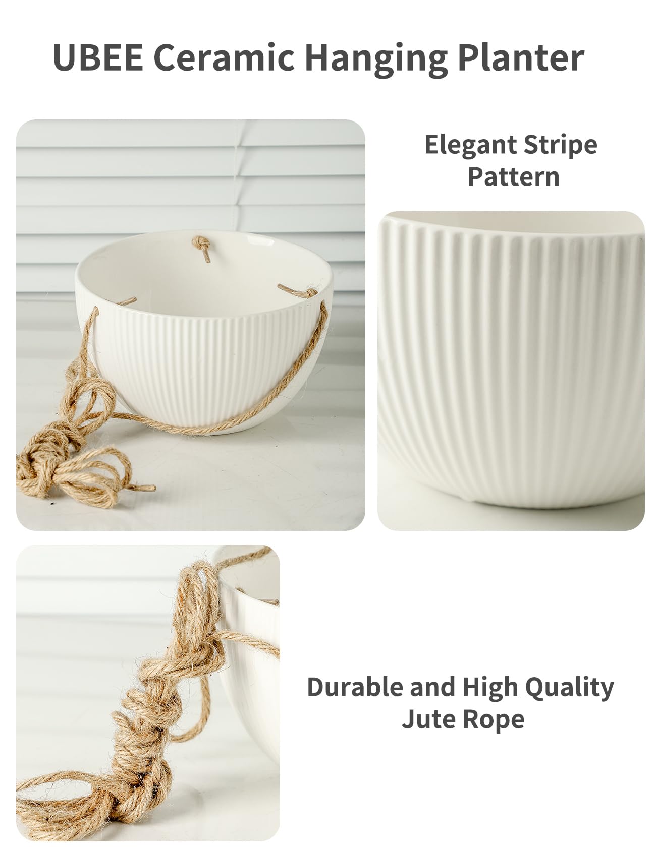 UBEE Ceramic Hanging Planters Indoor Outdoor, 7.5 Inch + 6.5 Inch Hanging Flower Pot for Plants Hanging Basket for Succulent Pothos Herbs Window Home Decor, 2 Pack, White