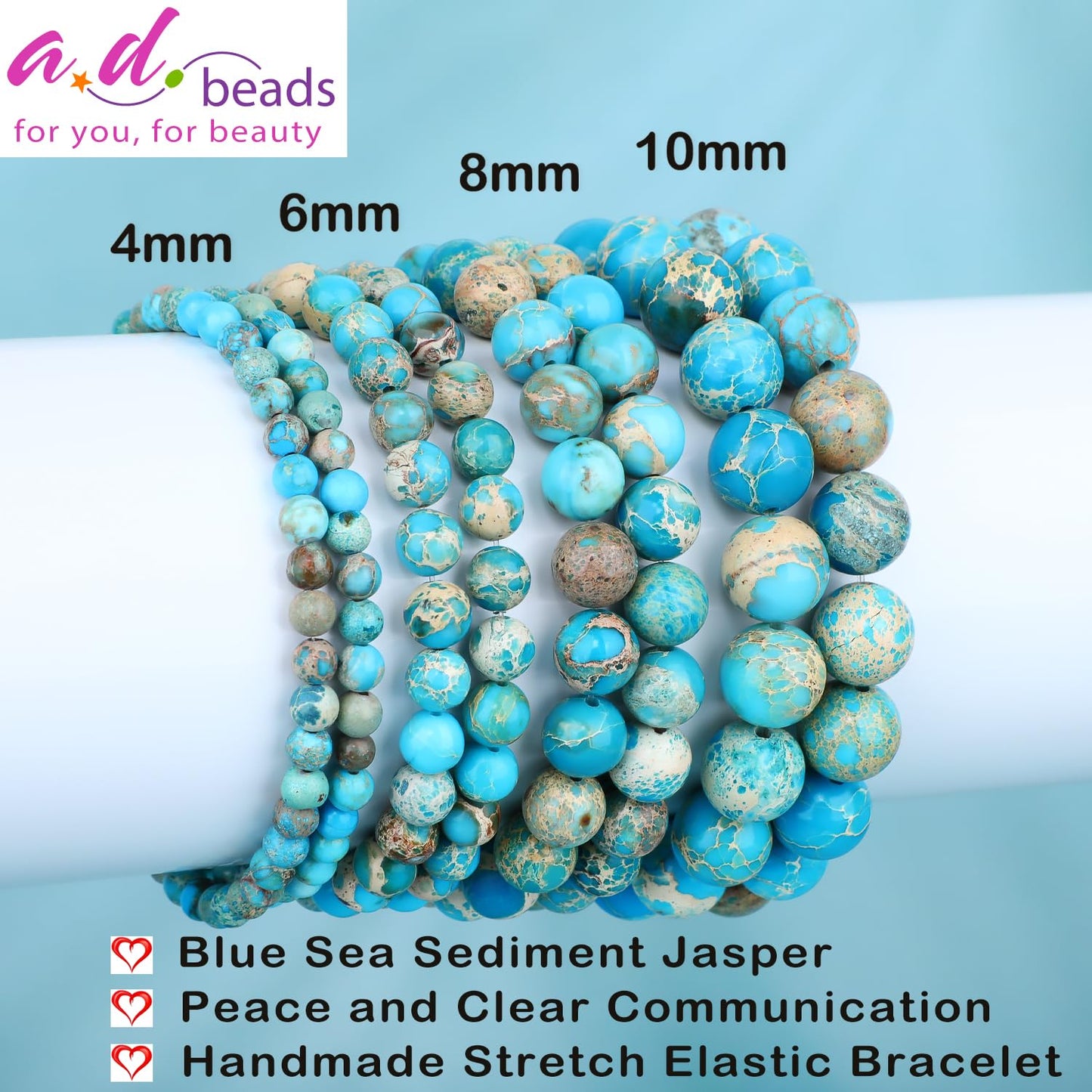 AD Beads 8mm Handmade Blue Sea Sediment Imperial Jasper Elastic Bracelet โ Natural Gemstone for Joy & Positivity โ Meditation, Yoga, Healing and Energy Gift for Men Women