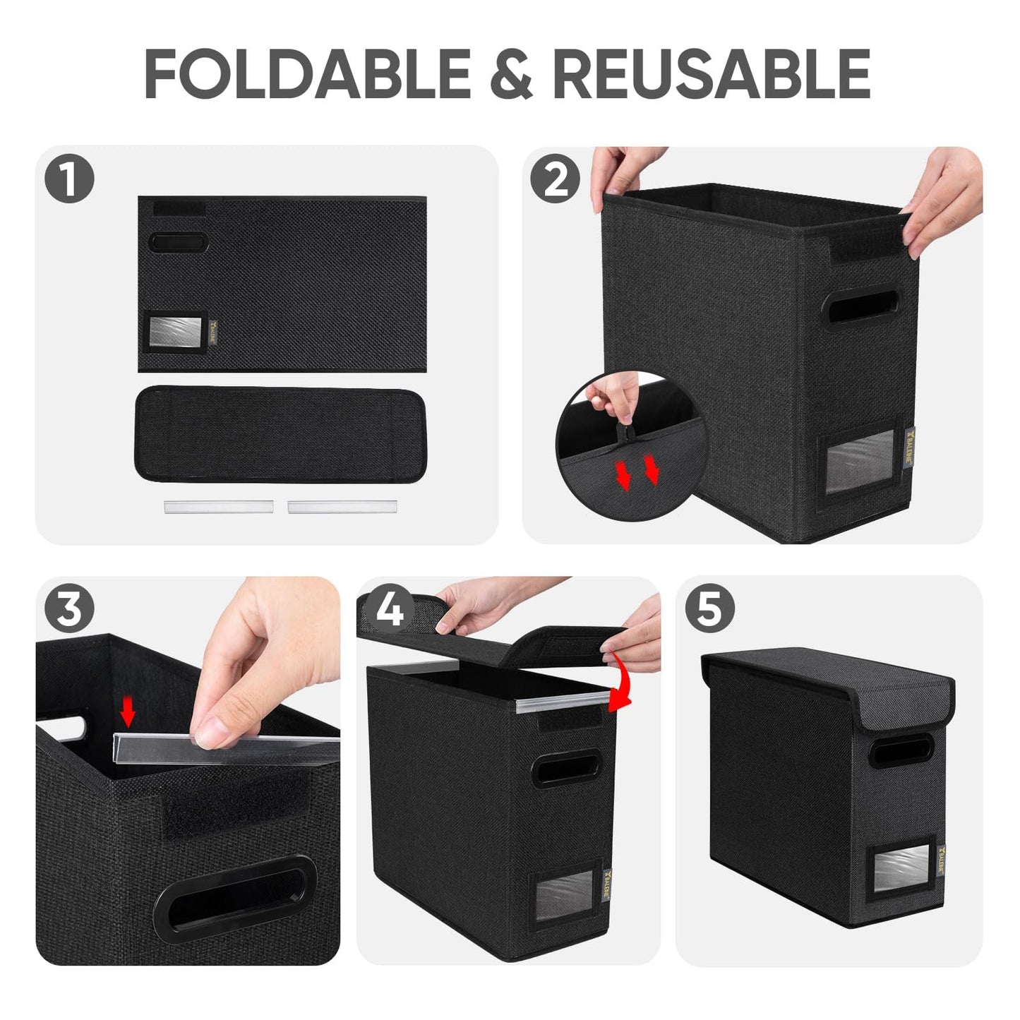 BALEINE File Organizer Box with Lid, Collapsible File Folder Organizer with Plastic Slide, Hanging File Folder Box for Office Document Storage (1 Pack, Black, S)