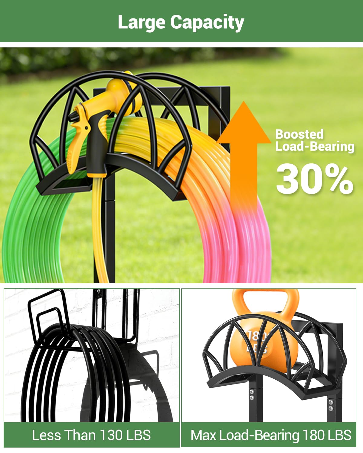 HZE Garden Hose Holder, Freestanding Water Hose Holder Stand for Outside, Heavy Duty Detachable Metal Garden Tube Storage Hanger Rack Holds 160 FT for Yard Lawn Farm, Black
