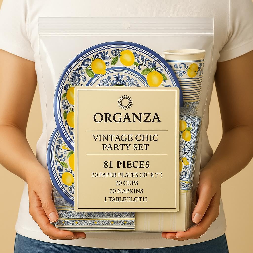 Elegant Disposable Tableware Set | 81 Pcs | Serves 20 Guests l 20 Extra Thick Paper Party Plates + 20 Cups + 20 Napkins + 1 Large Tablecloth | Perfect for Events, Baby Showers, Weddings & Picnics.