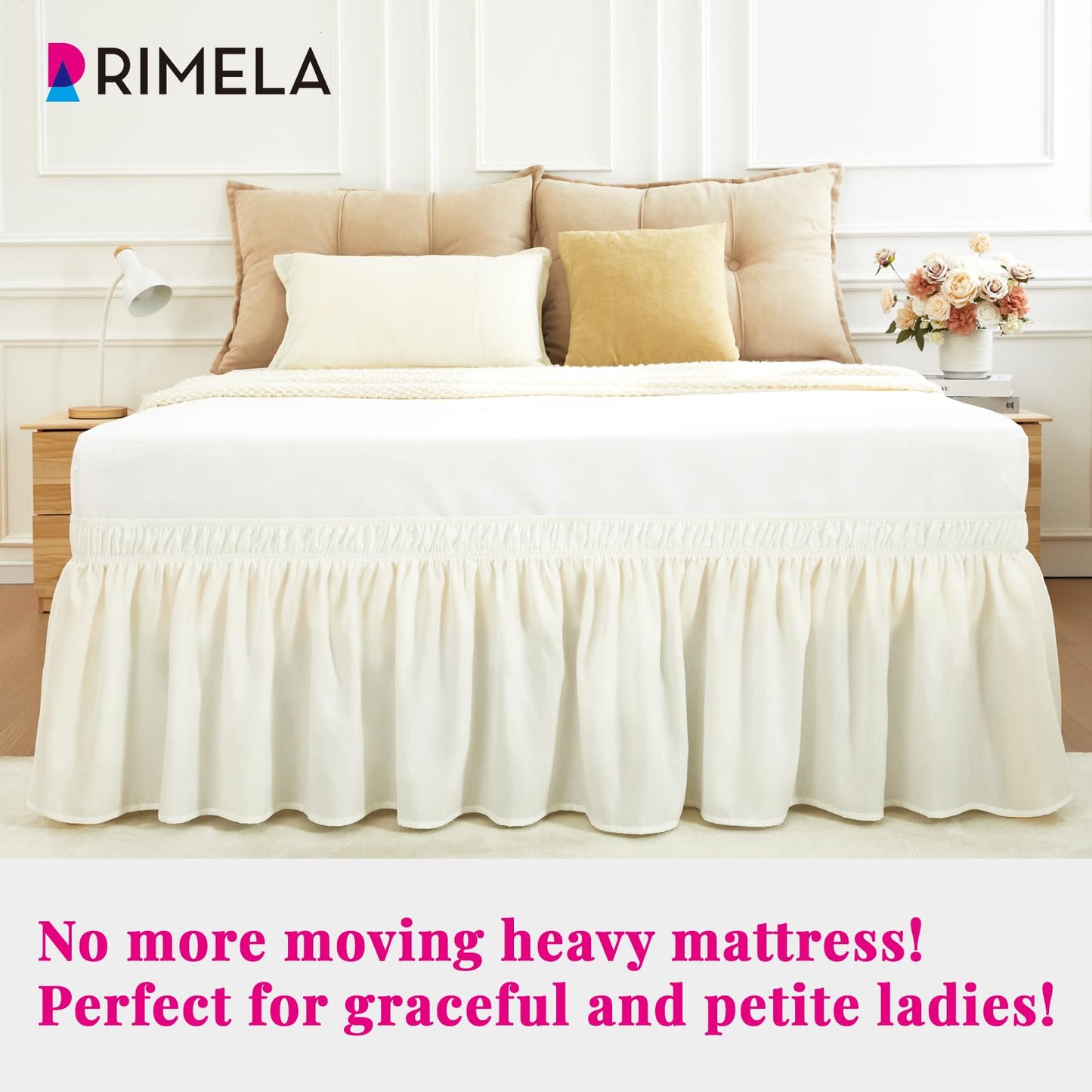 RIMELA Cream Bed Skirt Queen Size 15 Inch Drop, Elastic Bed Skirting for Bed Base and Frame, Bedding Dust Ruffle Easy to Install, Lightweight Wrap Around Adjustable Bedskirt