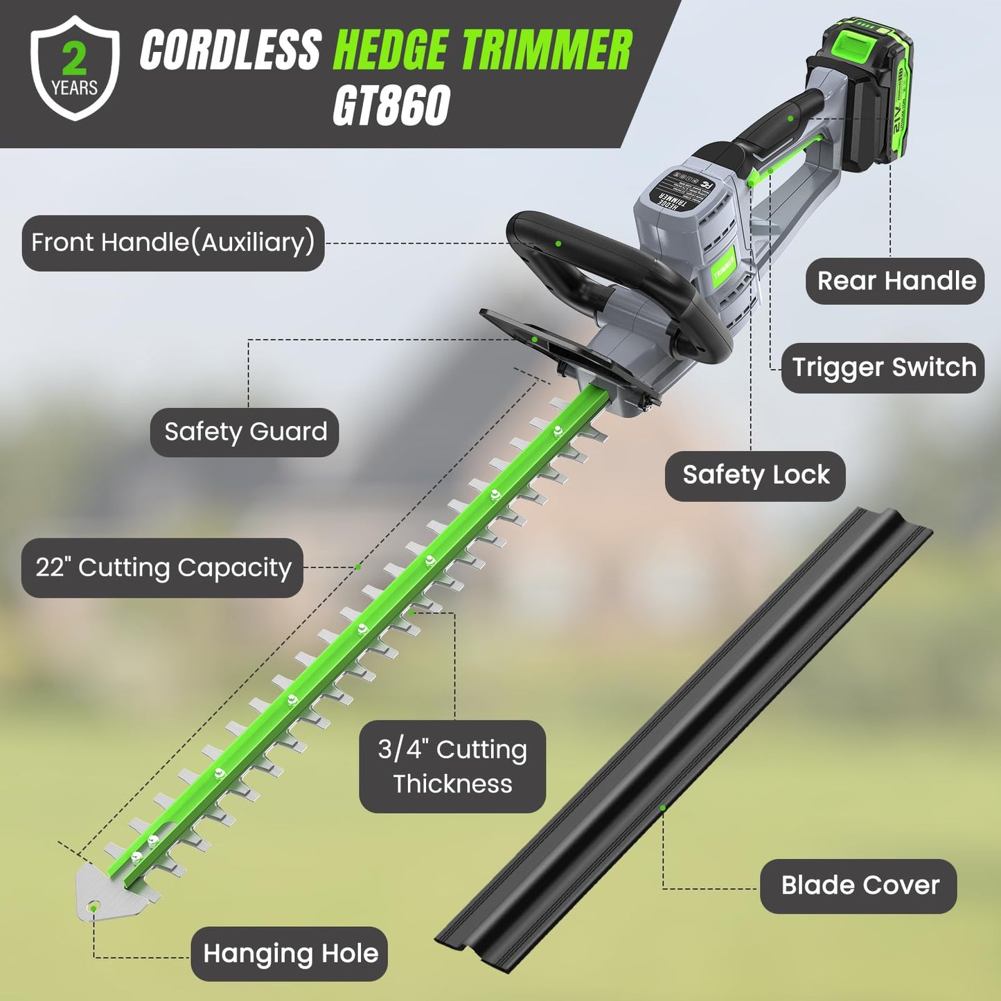 Hedge Trimmer Cordless 22" - 21V Powerful Electric Hedge Trimmer with 2 x 2.0Ah Batteries and Fast Charger, Easy to Use, 3200RPM Lightweight Battery Powered Bush Trimmers for Garden, Yard Care, GT860
