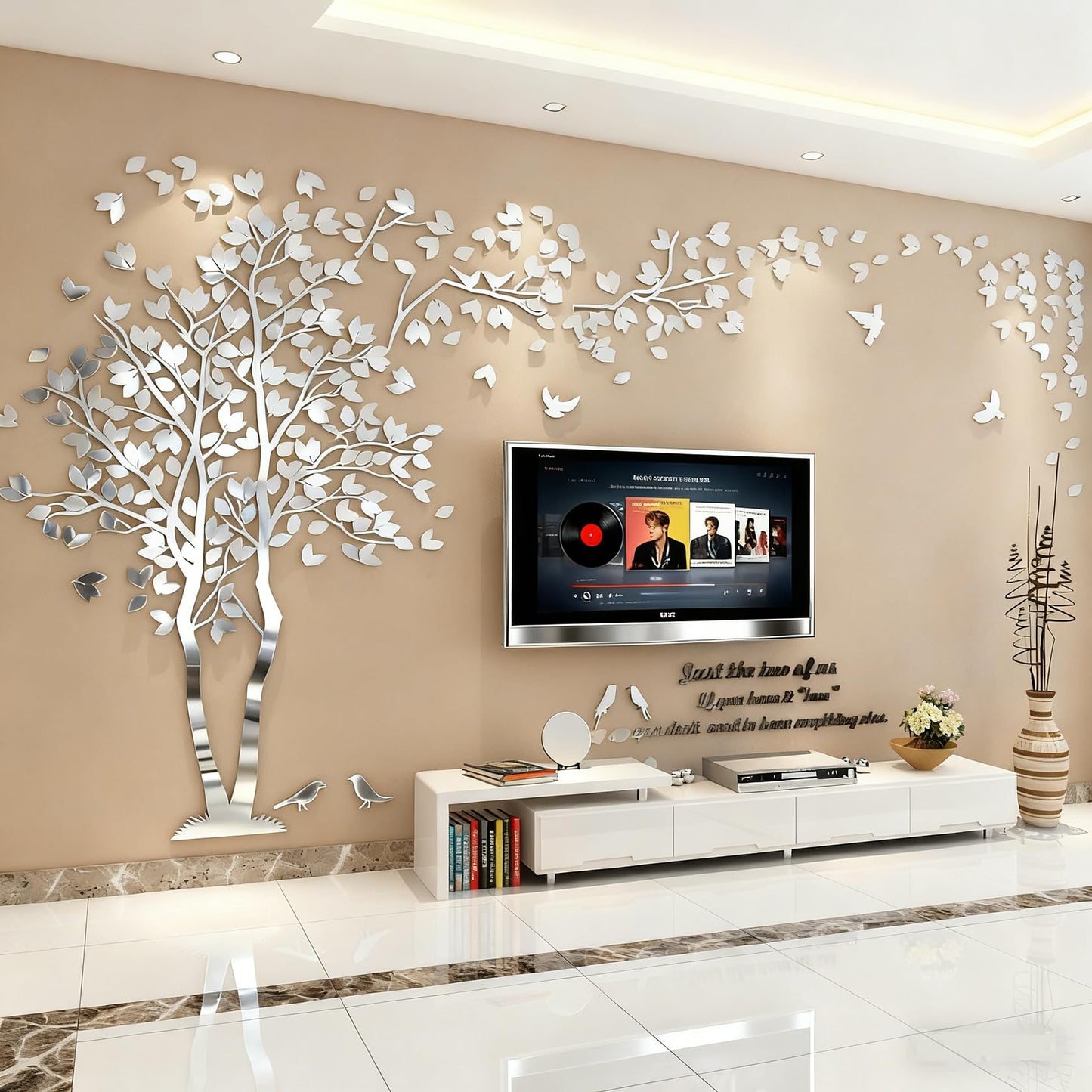 Family Tree Wall Decor Decals - DIY 3D Tree of Life Wall Art Large Decal Stickers Silver Decor Living Room Mural for Bedroom Hallway Home TV Background (Silver Left,M-98X51in)