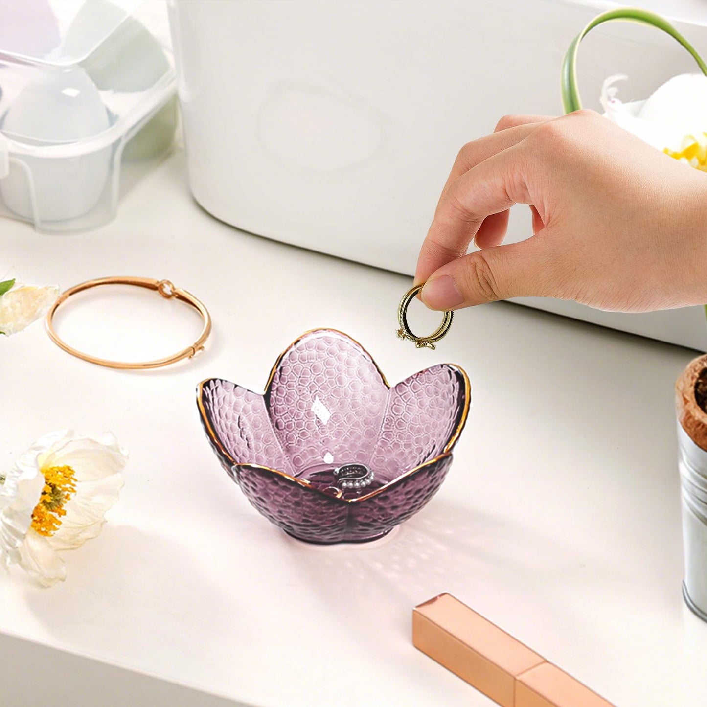 Purple Flower Jewelry Dish Glass Ring Holder Dish Jewelry Tray Cute Vanity Organizer Aesthetic Nightstand Bathroom Room Decor Trinket Dish Mothers Day Friendship Christmas Birthday Gifts for Women