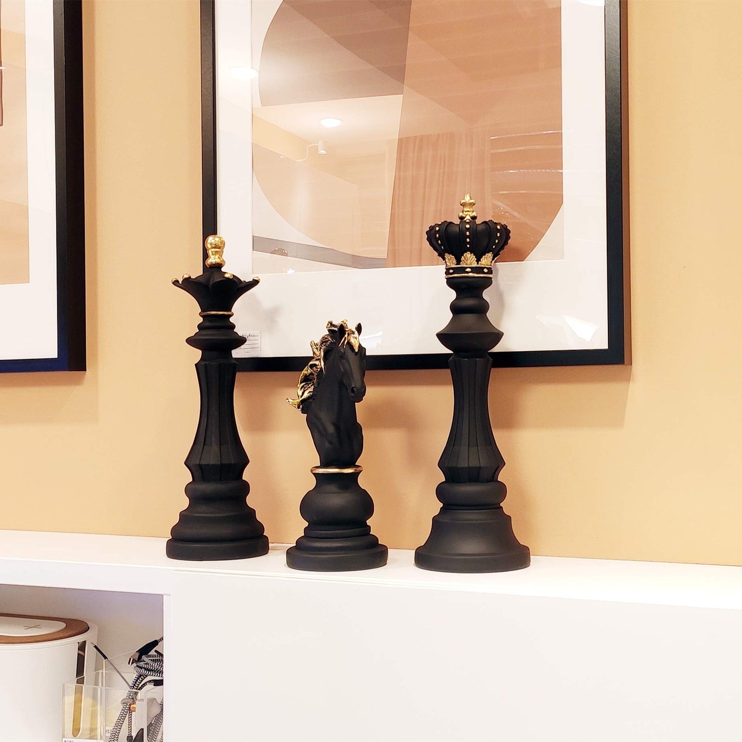 LOOYAR Three Pack Chess King Queen Knight Statue Sculpture Ornament Collectible Figurine for Home Office Desk Table Decoration Gift