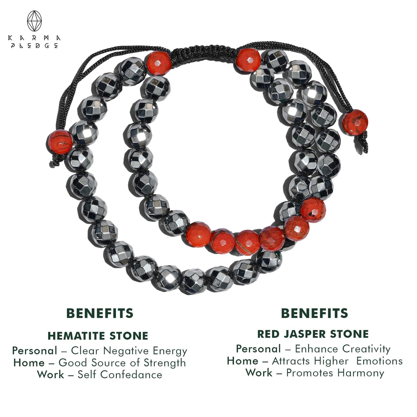 Crystal Bracelet, Hematite & Red Jasper Chakra Healing Crystal Bracelets for Men & Women, Spiritual, Positive Energy & Balance, Handmade 8mm Crystal Beads Adjustable Bracelets by Karma Pledge
