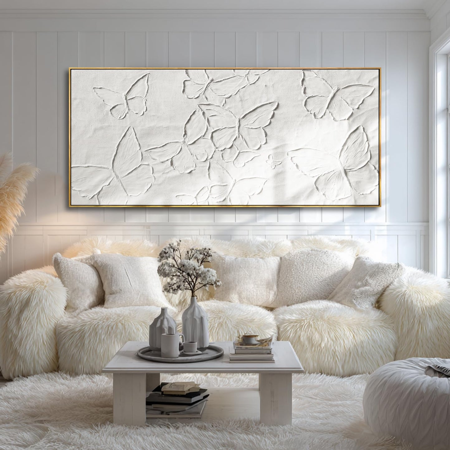 Hand-painted Butterfly Canvas Wall Art, 32x70 Inch White Abstract Framed Artwork for Living Room Decor