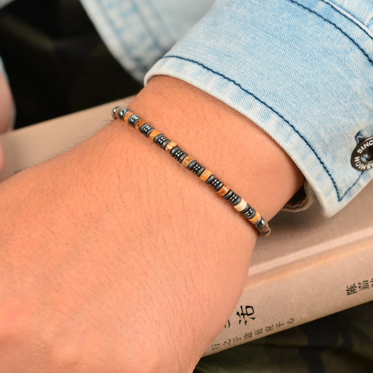 Casvia Picture Stone Beaded Bracelet for Men, Adjustable Hematite Stainless Steel Chain, Durable Mens Jewelry for Daily Wear, Ideal Gift for Father, Boyfriend, Husband