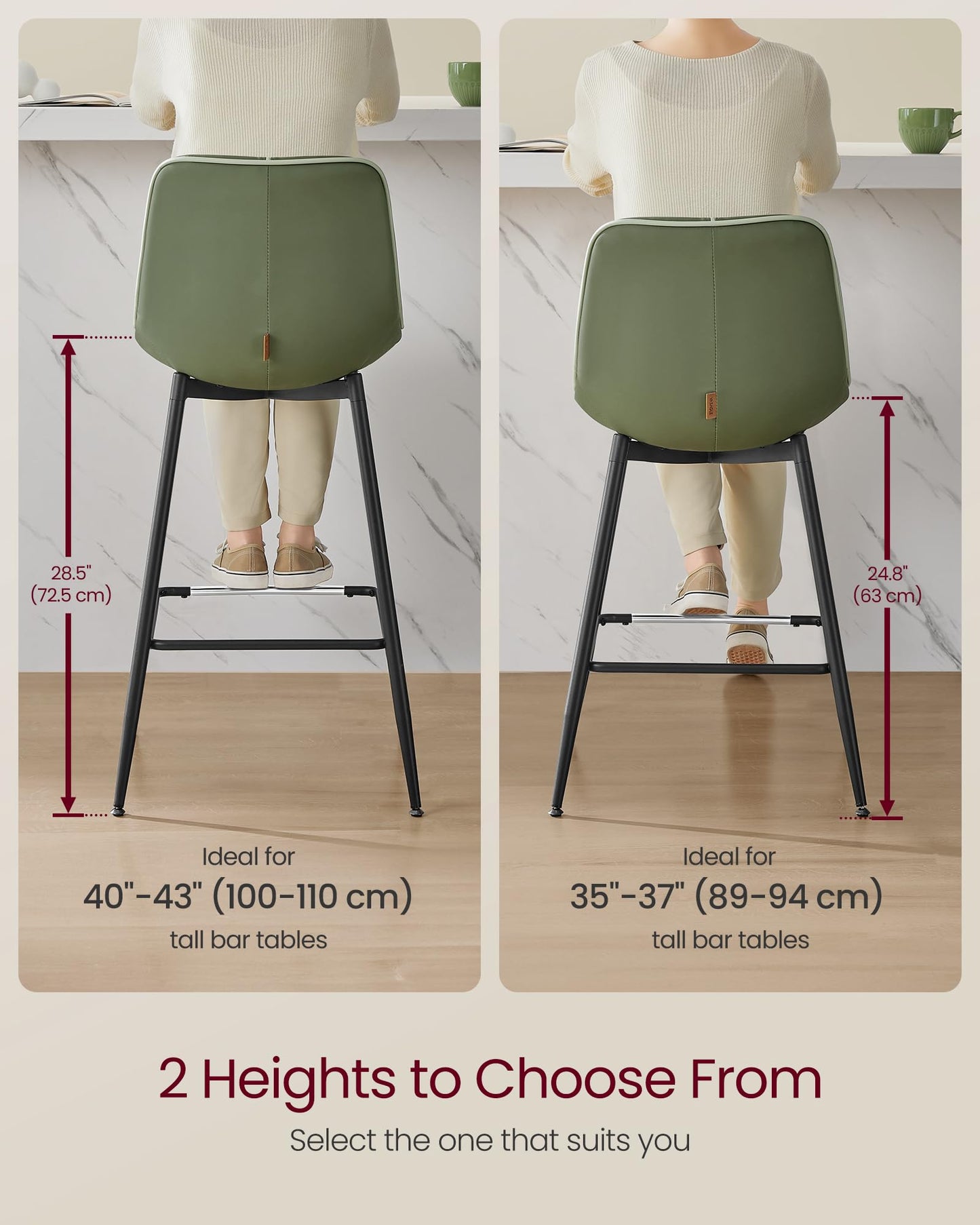 VASAGLE Bar Stools Set of 2, Counter Height Bar Stools with Back, Ergonomic Backrest, Synthetic Leather, Metal Legs, 24.8-Inch Tall Barstools for Kitchen Island Home Bar, Easy Assembly, Forest Green