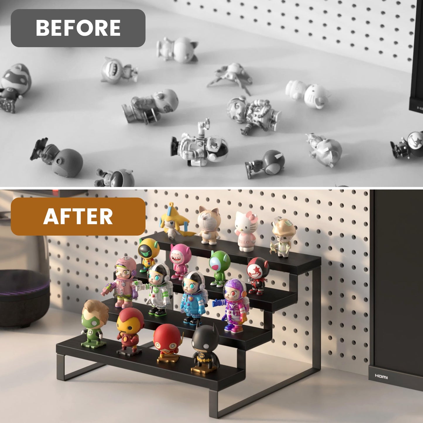 Wood Display Risers, 4 Tier 13.4IN Perfume Organizer Shelf with Metal Legs, Large Wooden Cupcake Stand Holder, Display Shelf Stand for Figures, Party, Makeup, Dessert Shelves for Party, Black