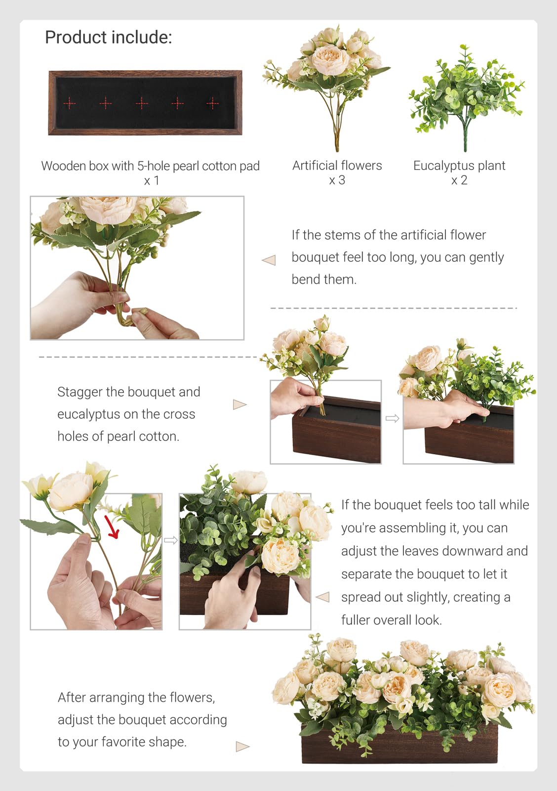 Dahey Centerpiece Table Decorations for Dining Room Farmhouse Table Centerpieces Decor Wood Tray with 3 Artificial Flowers and 2 Eucalyptus for Living Room Kitchen Table, 14.1" x 4.7" x 3.1"