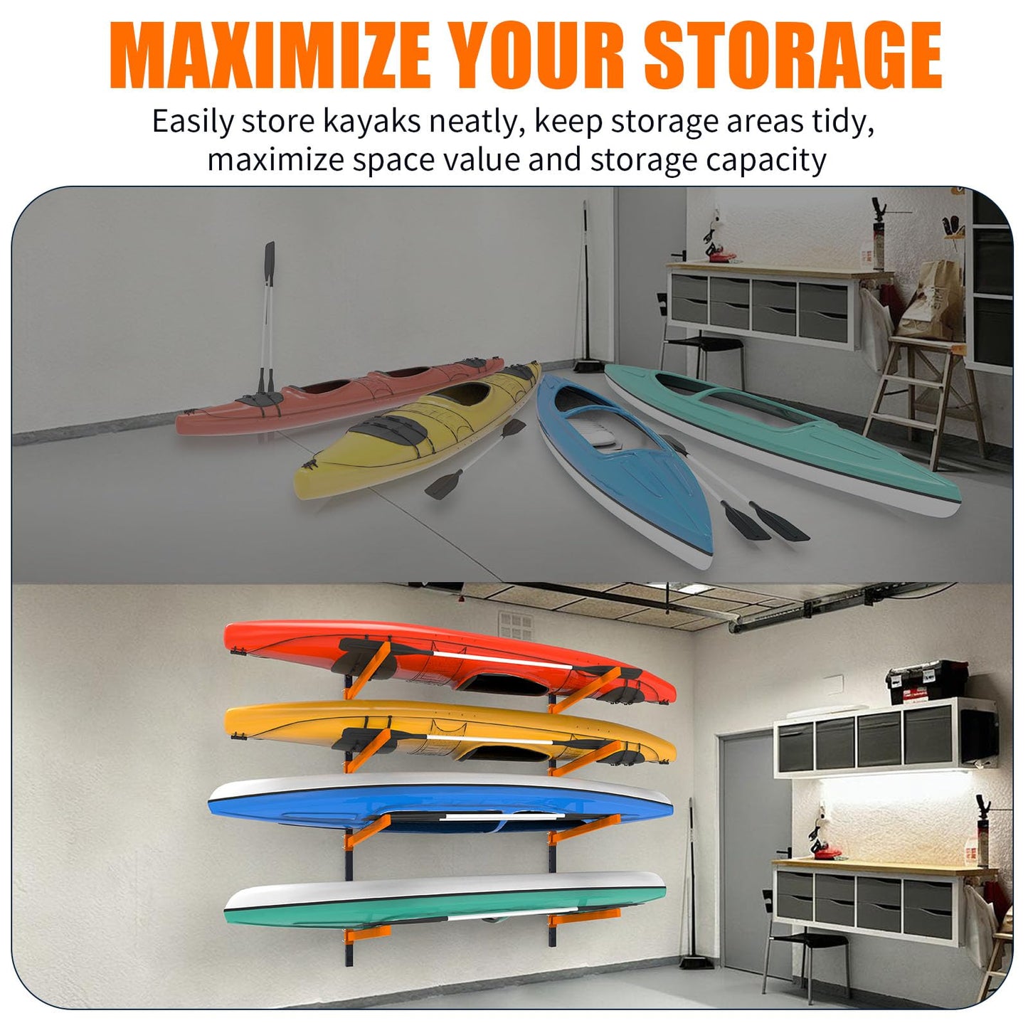 UOKRR Kayak Storage Rack, Wall Mount Kayak Racks for Indoor Outdoor Storage, Heavy Duty Adjustable Kayak Rack for Garage, Spacesaver (4 Kayaks, Wall Mount)